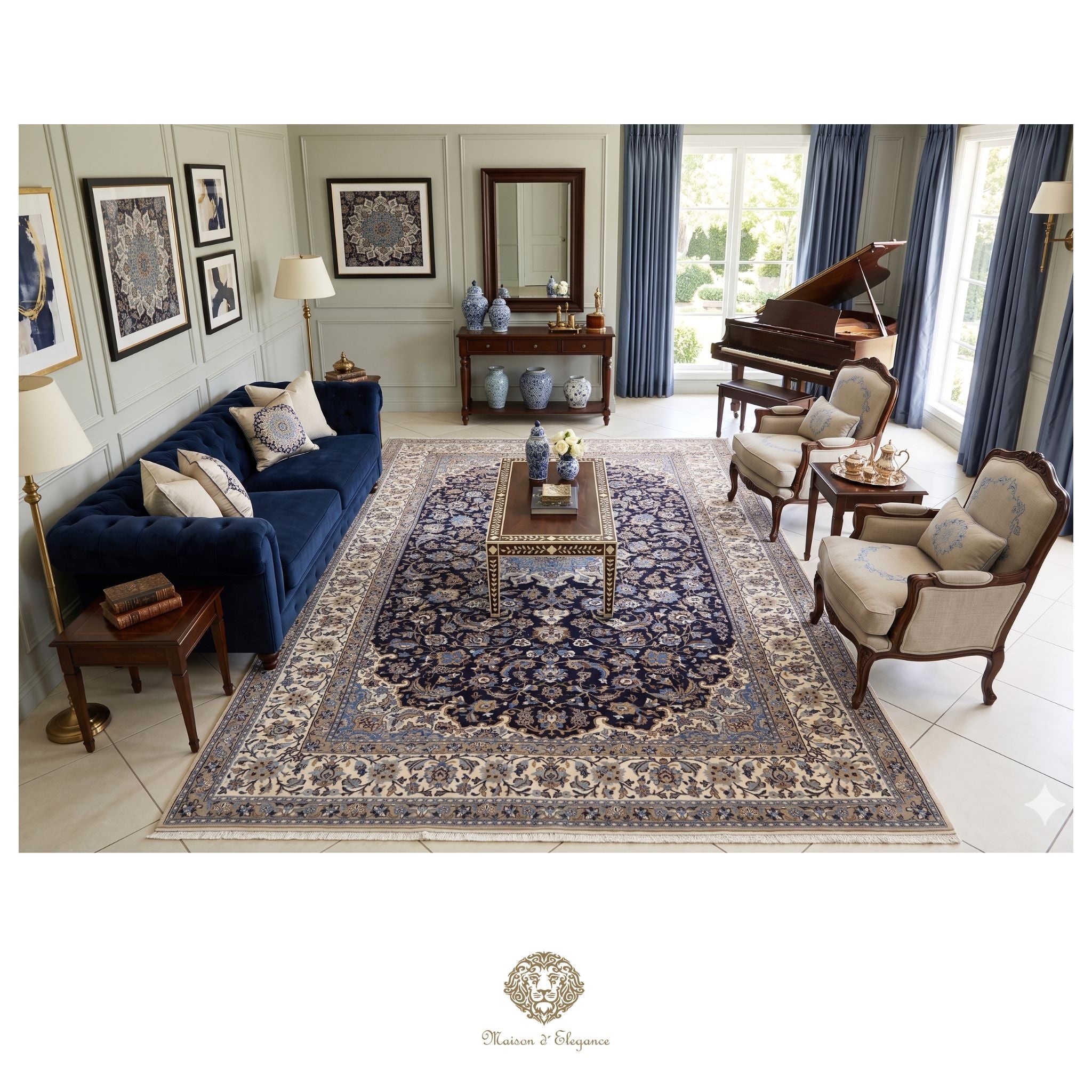 Luxurious living room with a blue sofa, patterned rug, and grand piano.