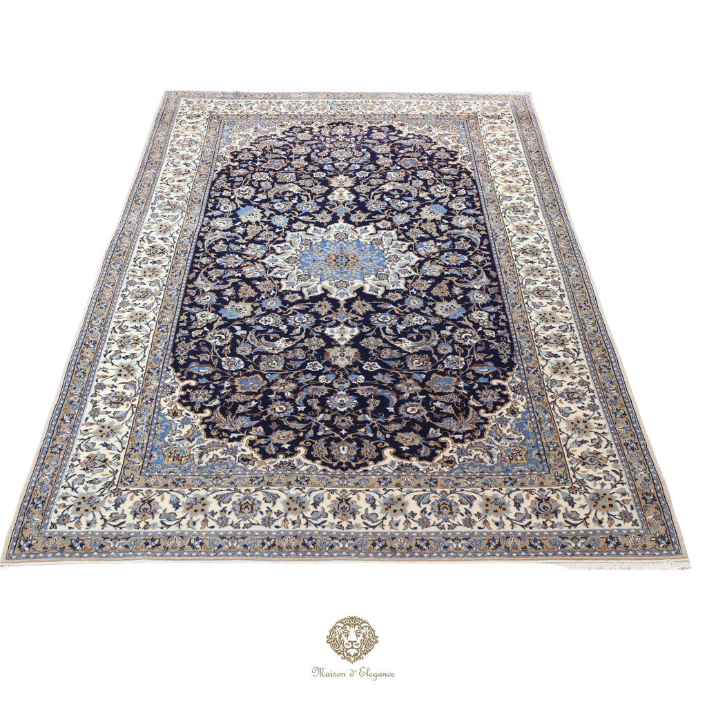 Alfombra persa de lujo de Nain 6La, anudada a mano, de seda fina y lana | Diseño de medallón floral azul marino, 192 x 333 cm
