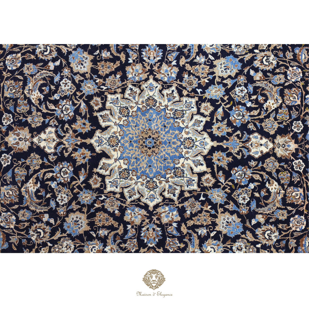 Alfombra persa de lujo de Nain 6La, anudada a mano, de seda fina y lana | Diseño de medallón floral azul marino, 192 x 333 cm