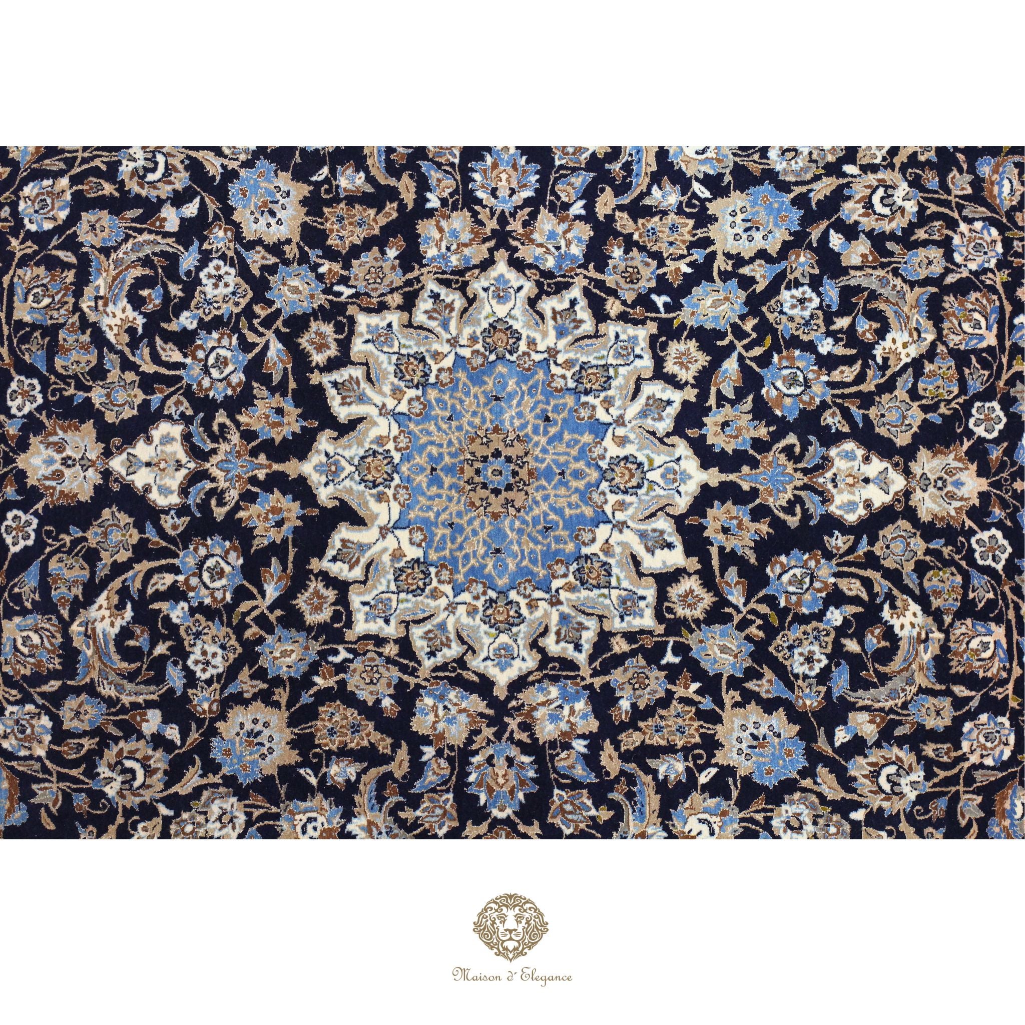 Alfombra persa de lujo de Nain 6La, anudada a mano, de seda fina y lana | Diseño de medallón floral azul marino, 192 x 333 cm