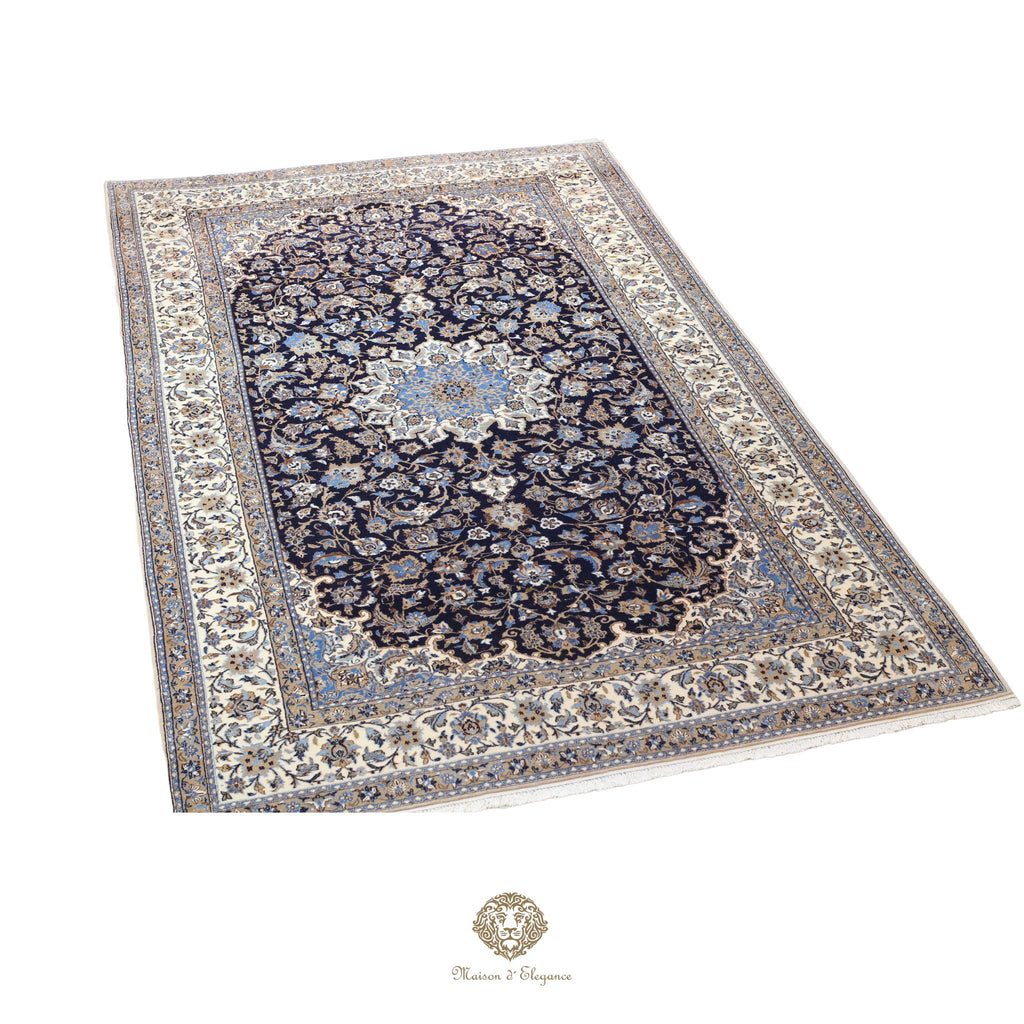 Alfombra persa de lujo de Nain 6La, anudada a mano, de seda fina y lana | Diseño de medallón floral azul marino, 192 x 333 cm