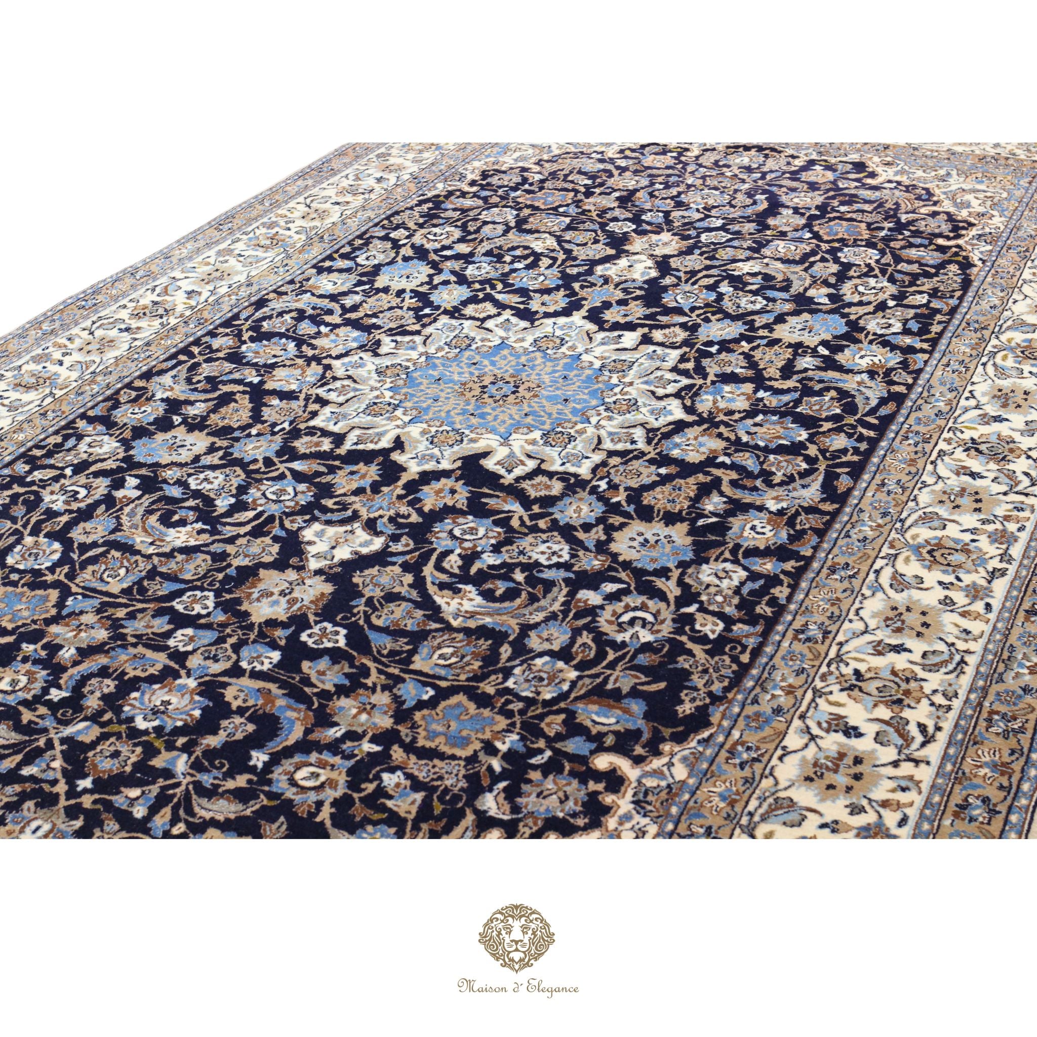 Alfombra persa de lujo de Nain 6La, anudada a mano, de seda fina y lana | Diseño de medallón floral azul marino, 192 x 333 cm