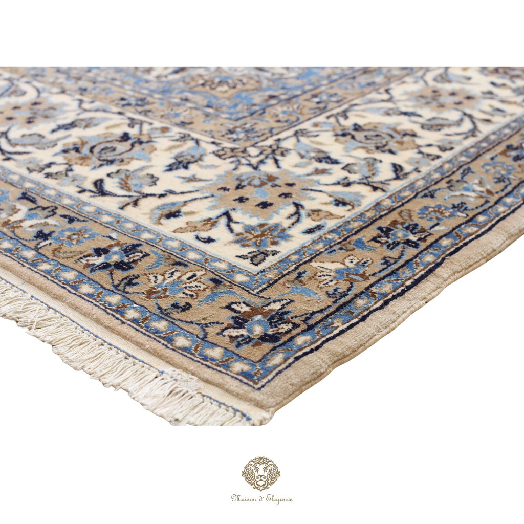 Alfombra persa de lujo de Nain 6La, anudada a mano, de seda fina y lana | Diseño de medallón floral azul marino, 192 x 333 cm