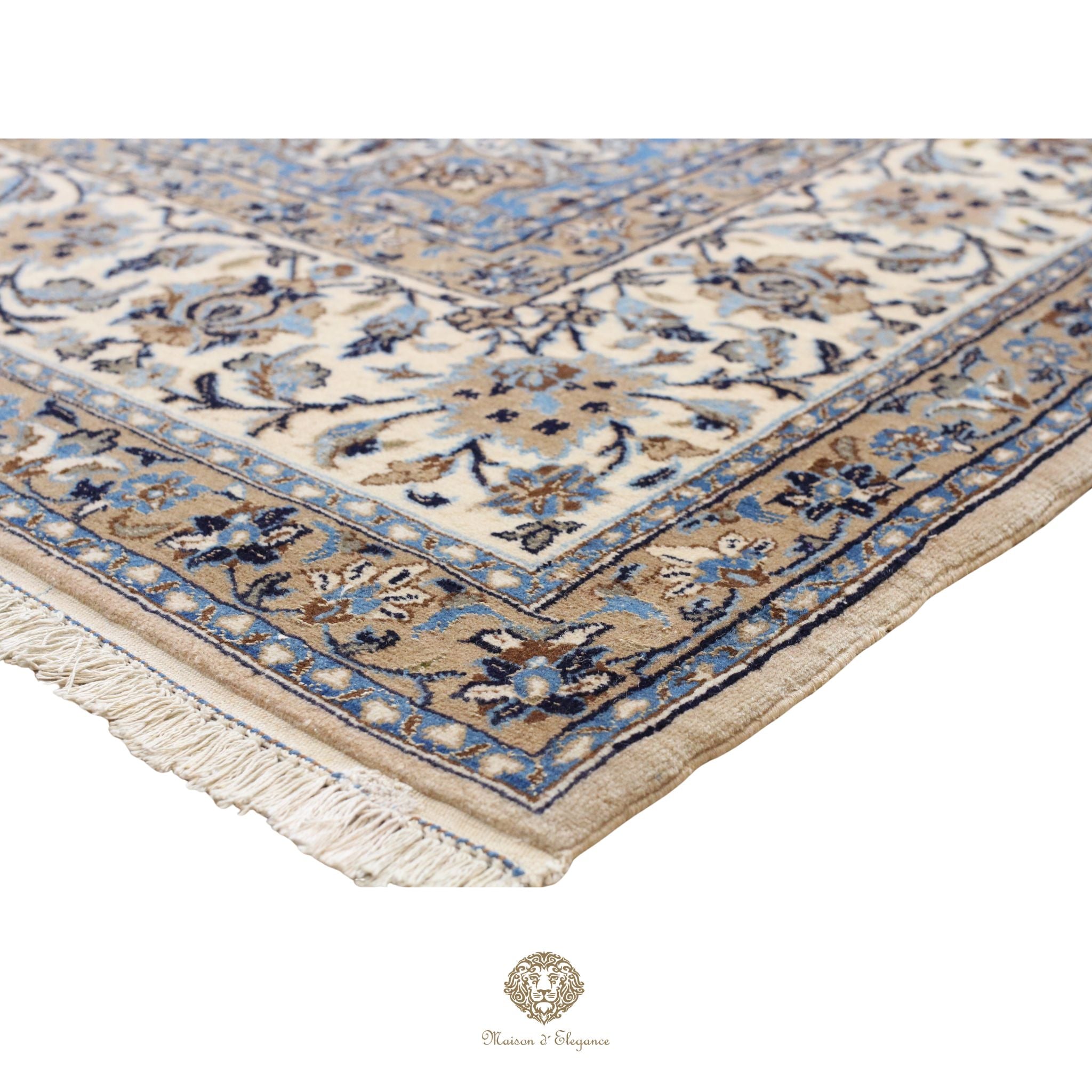 Alfombra persa de lujo de Nain 6La, anudada a mano, de seda fina y lana | Diseño de medallón floral azul marino, 192 x 333 cm