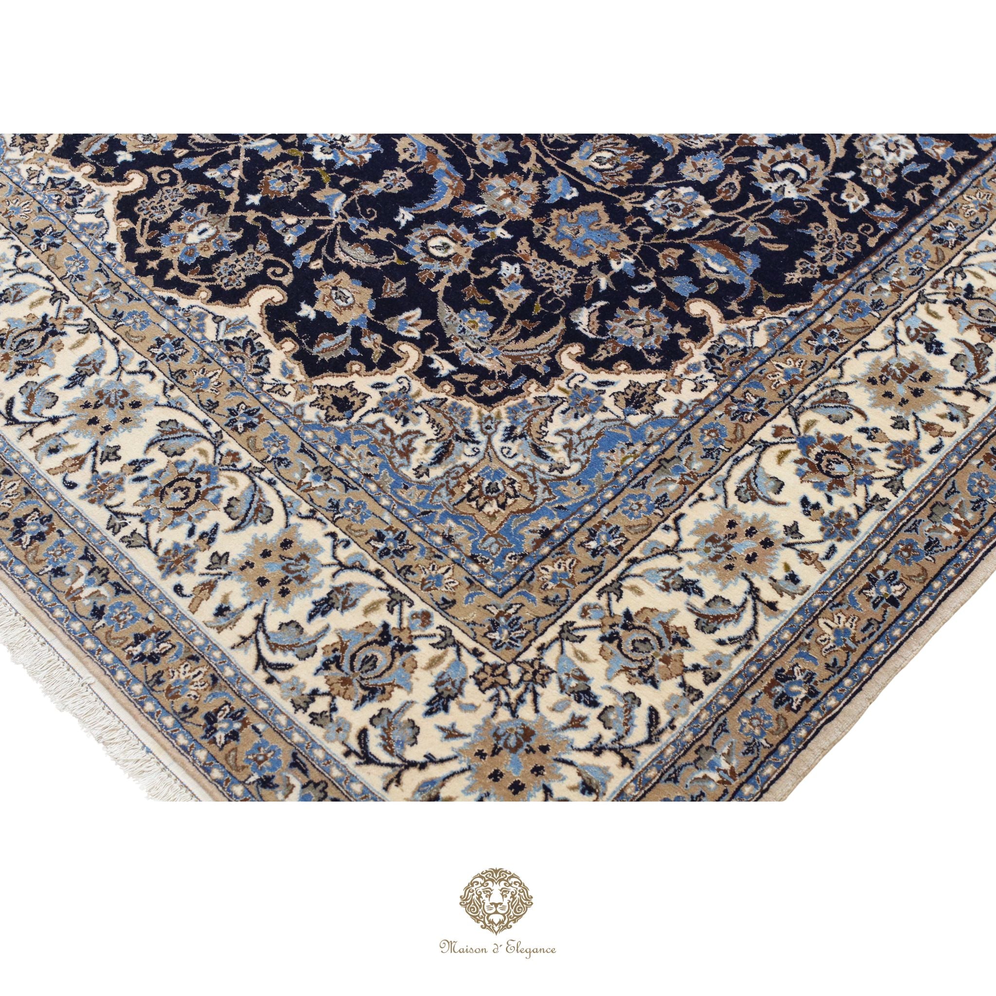 Alfombra persa de lujo de Nain 6La, anudada a mano, de seda fina y lana | Diseño de medallón floral azul marino, 192 x 333 cm