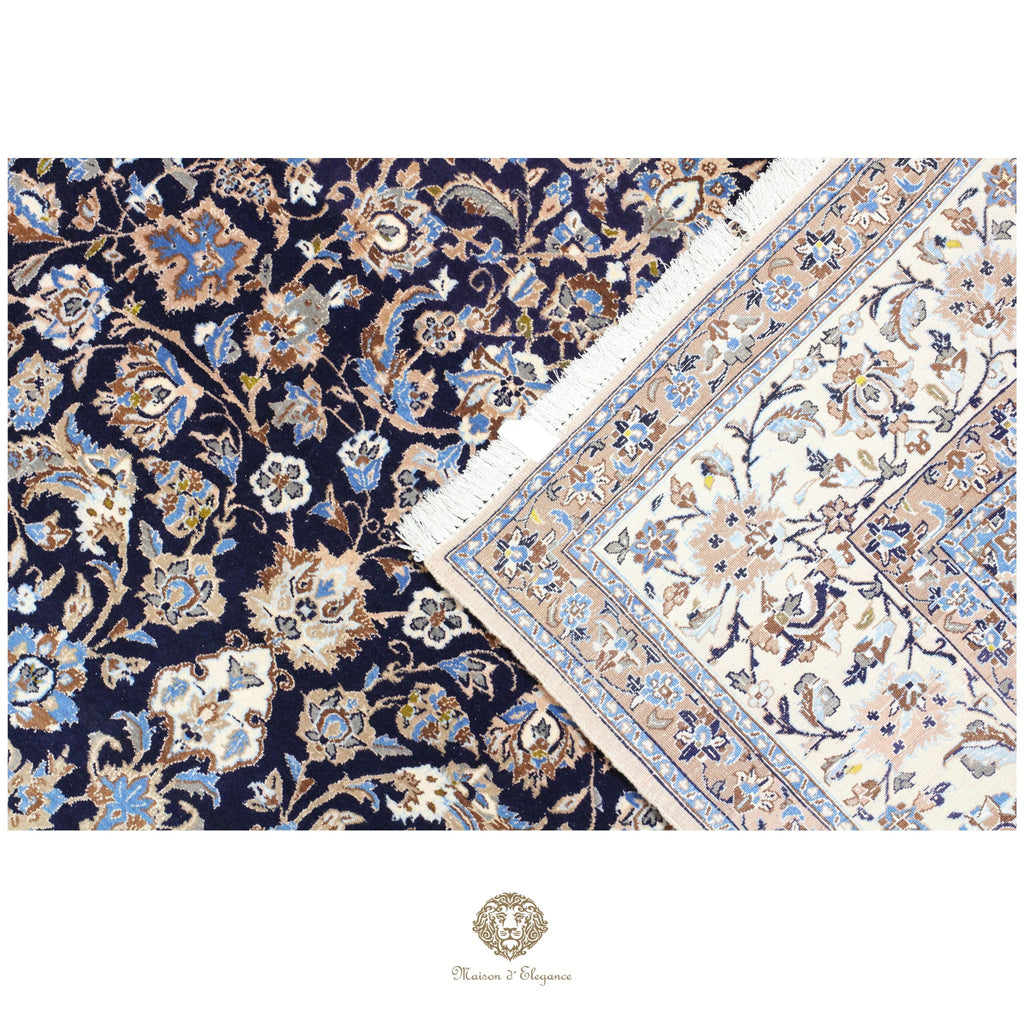 Alfombra persa de lujo de Nain 6La, anudada a mano, de seda fina y lana | Diseño de medallón floral azul marino, 192 x 333 cm