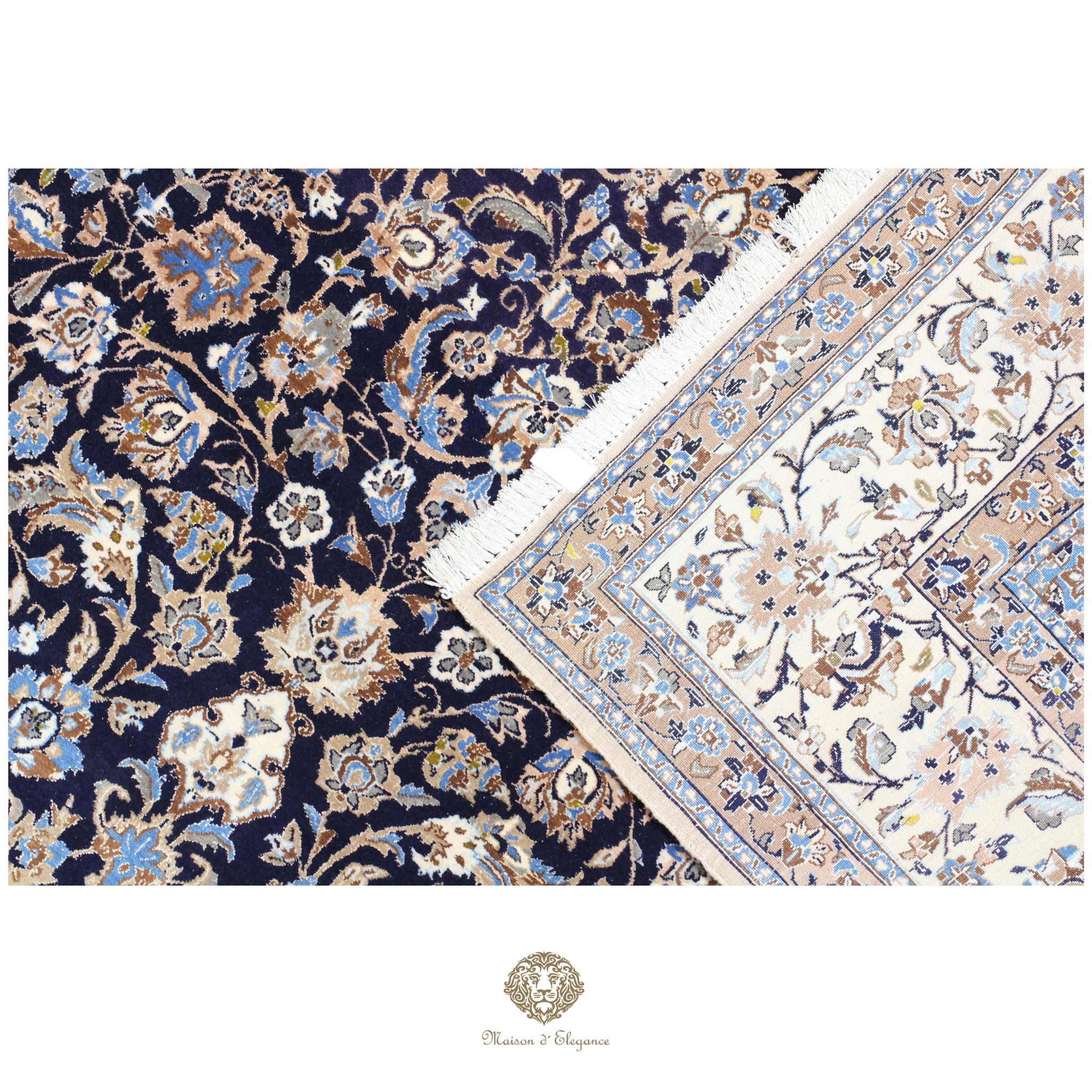Alfombra persa de lujo de Nain 6La, anudada a mano, de seda fina y lana | Diseño de medallón floral azul marino, 192 x 333 cm