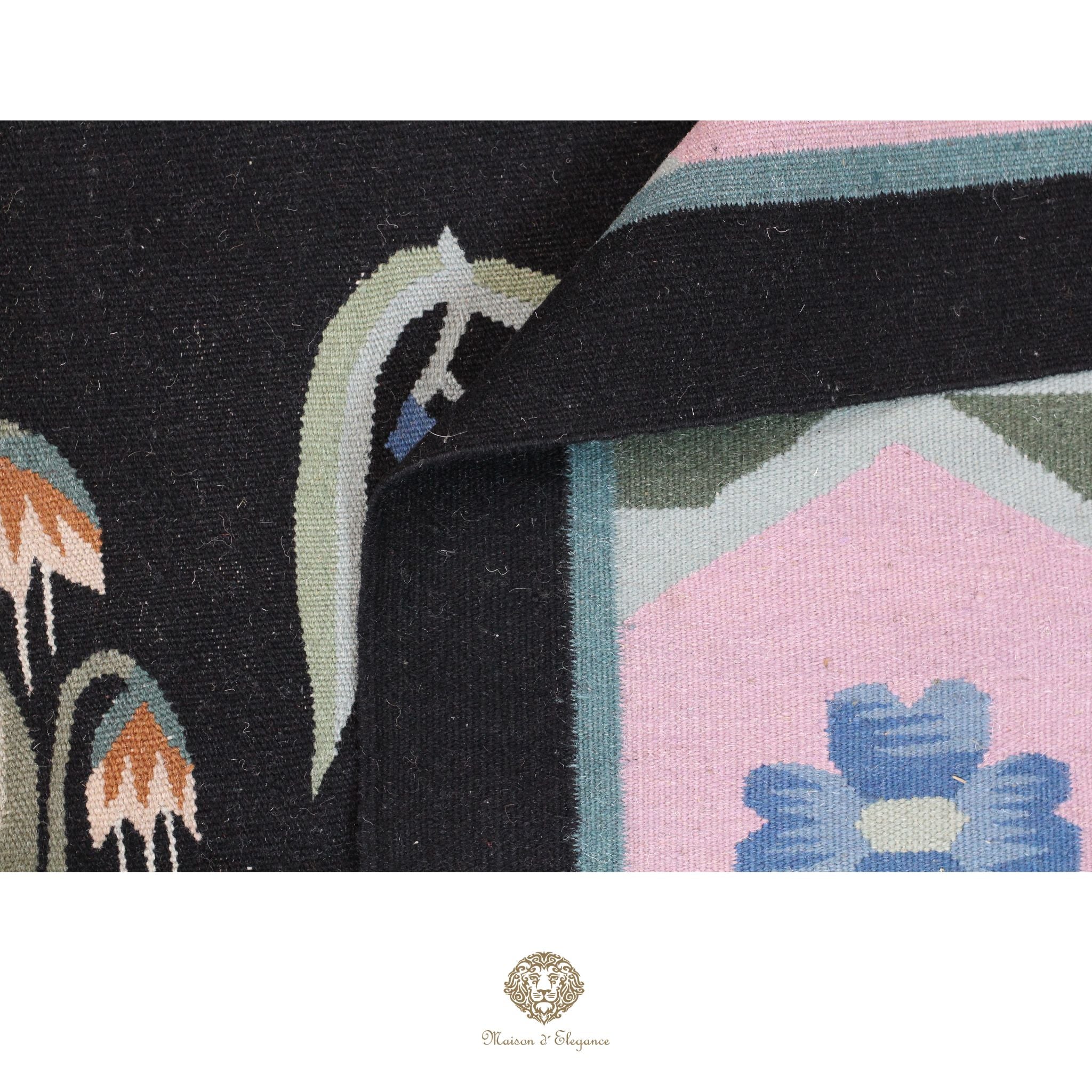 Alfombra Fino Kilim Tejido Plano Lana Negro Natural - Diseño Floral Europea 255x350 cm