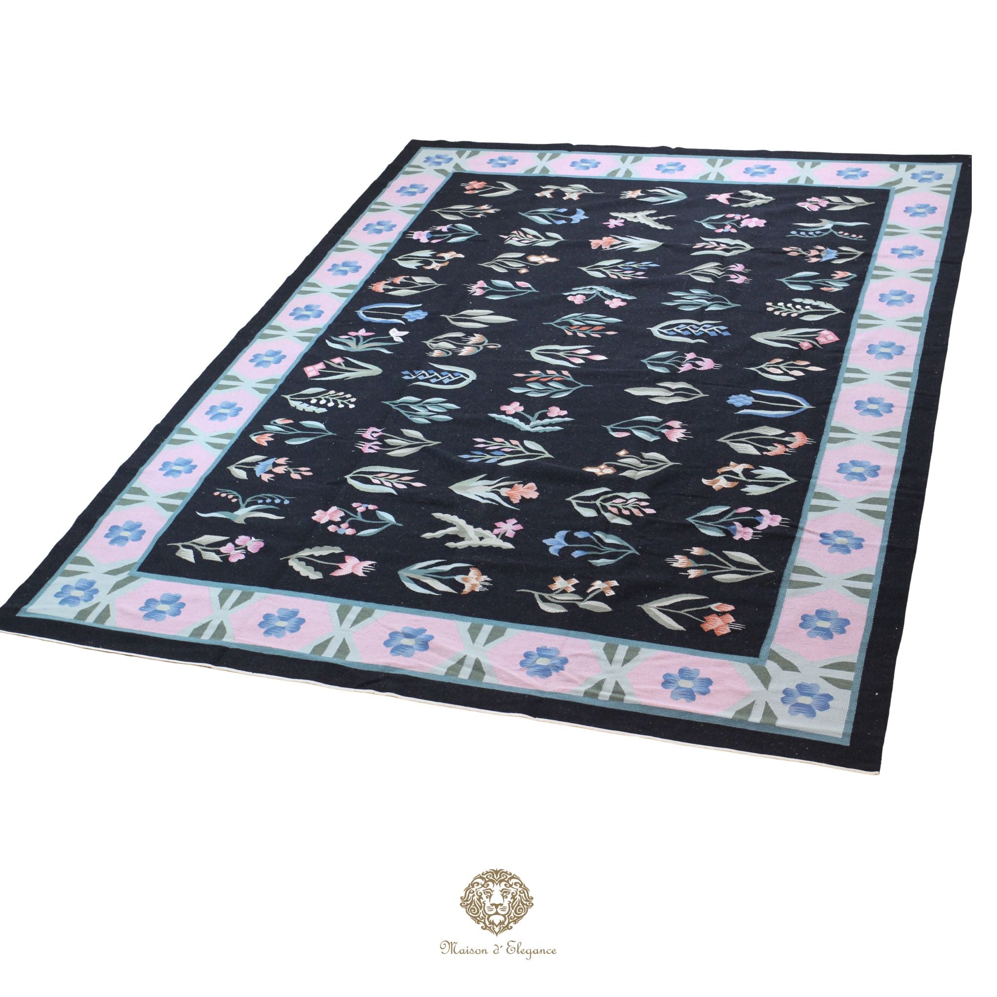 Alfombra Fino Kilim Tejido Plano Lana Negro Natural - Diseño Floral Europea 255x350 cm