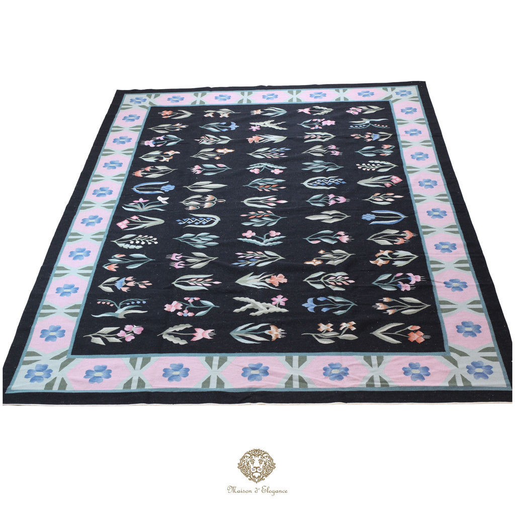 Alfombra Fino Kilim Tejido Plano Lana Negro Natural - Diseño Floral Europea 255x350 cm