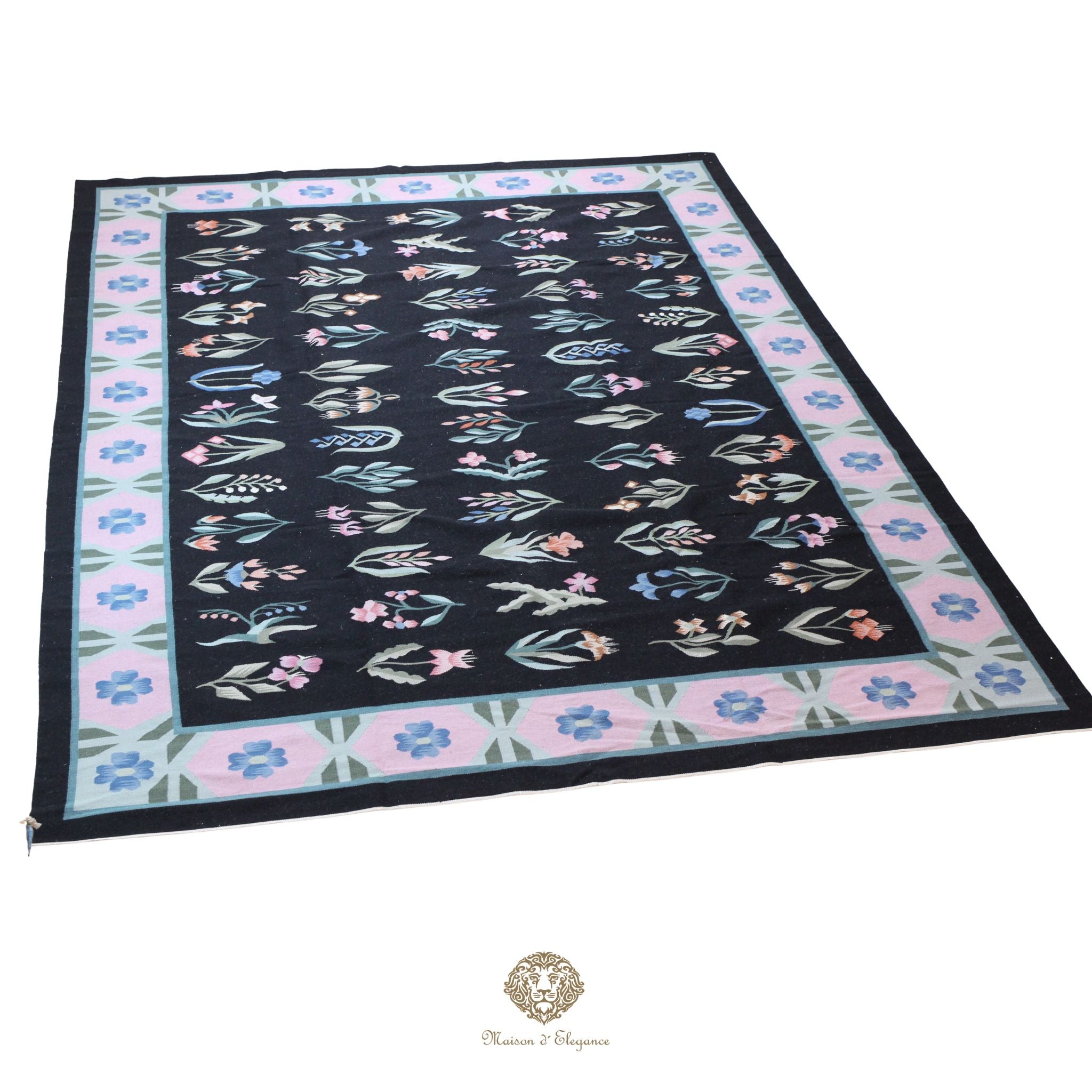 Alfombra Fino Kilim Tejido Plano Lana Negro Natural - Diseño Floral Europea 255x350 cm
