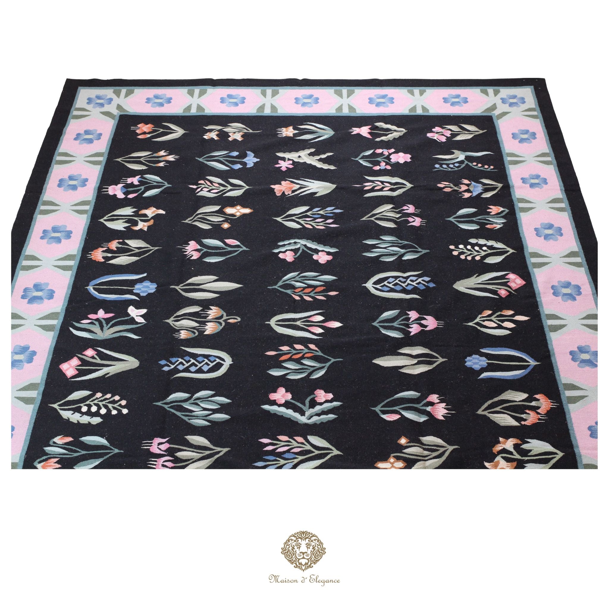 Alfombra Fino Kilim Tejido Plano Lana Negro Natural - Diseño Floral Europea 255x350 cm