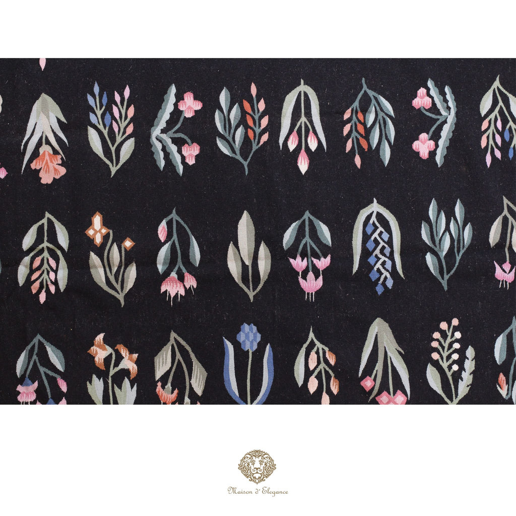 Alfombra Fino Kilim Tejido Plano Lana Negro Natural - Diseño Floral Europea 255x350 cm