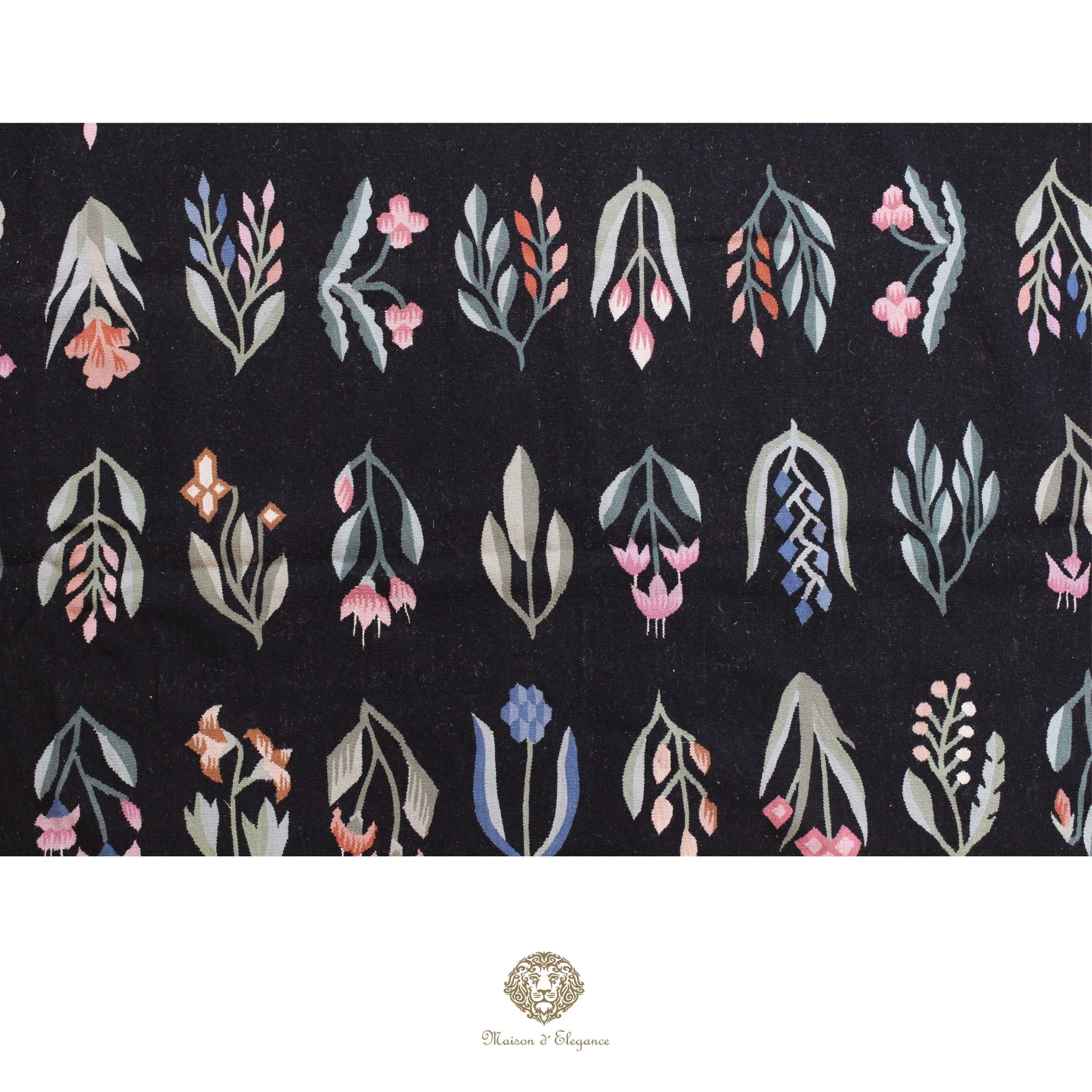 Alfombra Fino Kilim Tejido Plano Lana Negro Natural - Diseño Floral Europea 255x350 cm