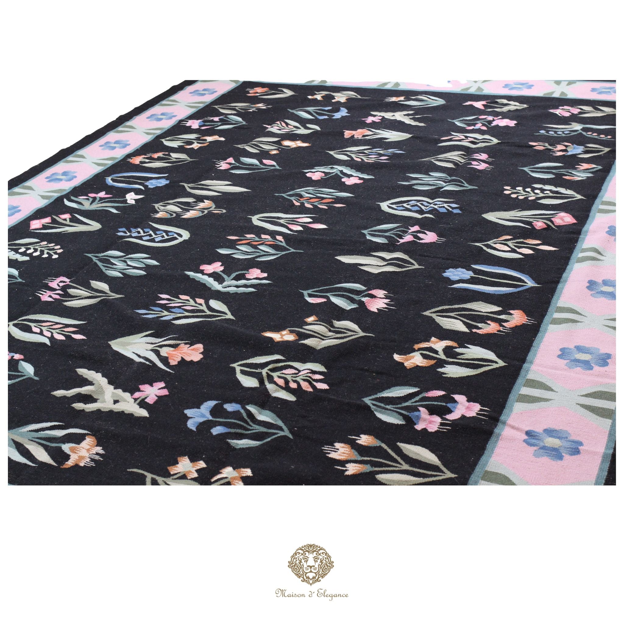 Alfombra Fino Kilim Tejido Plano Lana Negro Natural - Diseño Floral Europea 255x350 cm