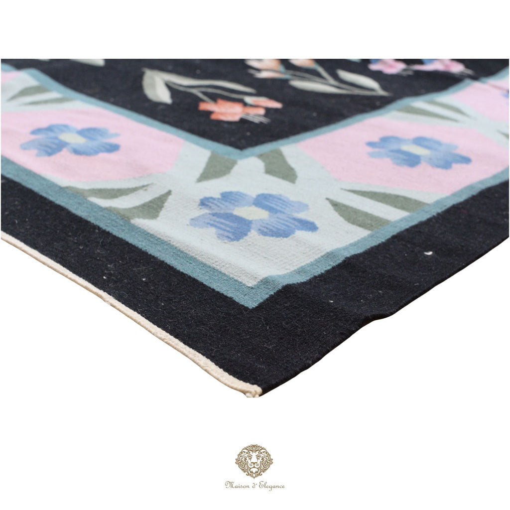 Alfombra Fino Kilim Tejido Plano Lana Negro Natural - Diseño Floral Europea 255x350 cm