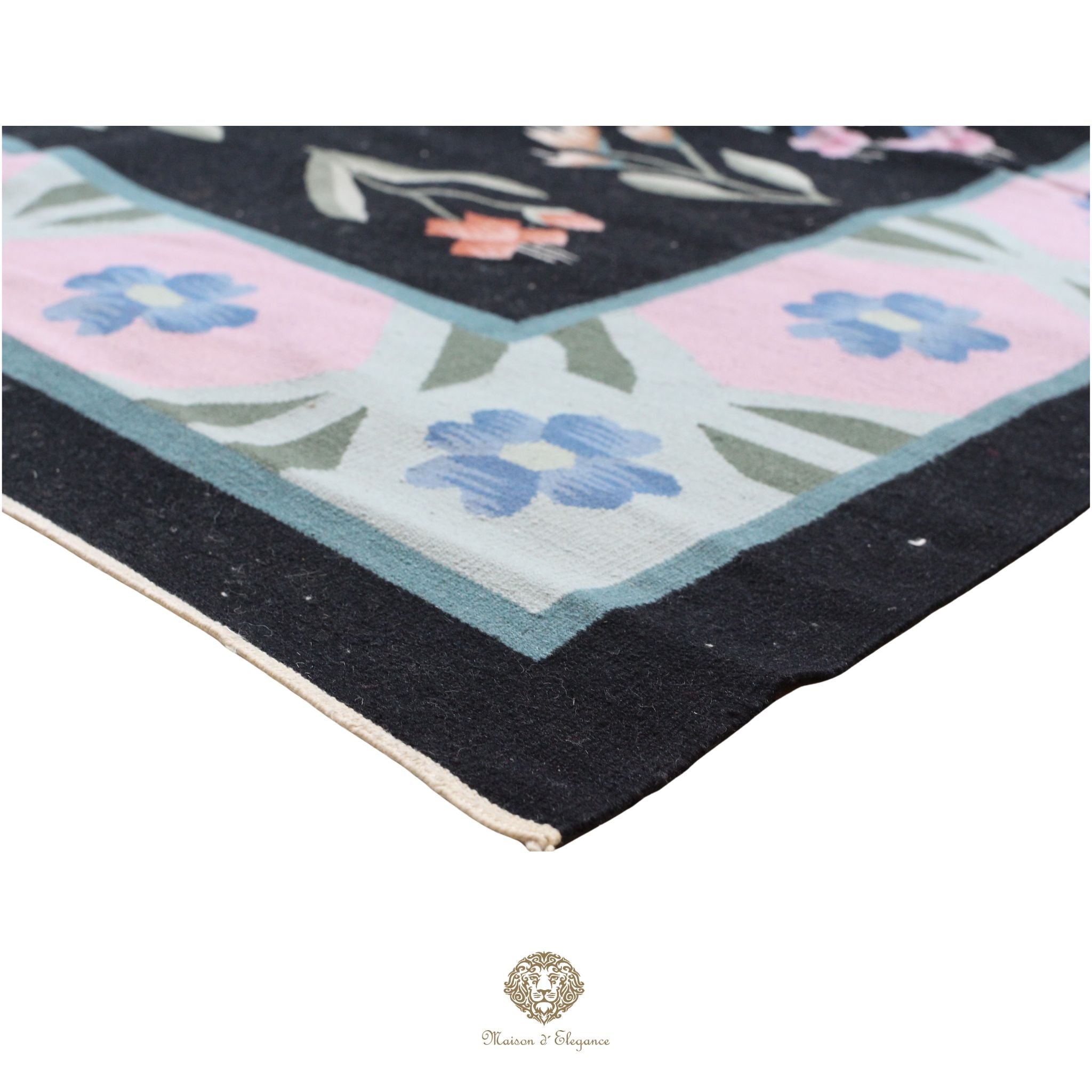 Alfombra Fino Kilim Tejido Plano Lana Negro Natural - Diseño Floral Europea 255x350 cm