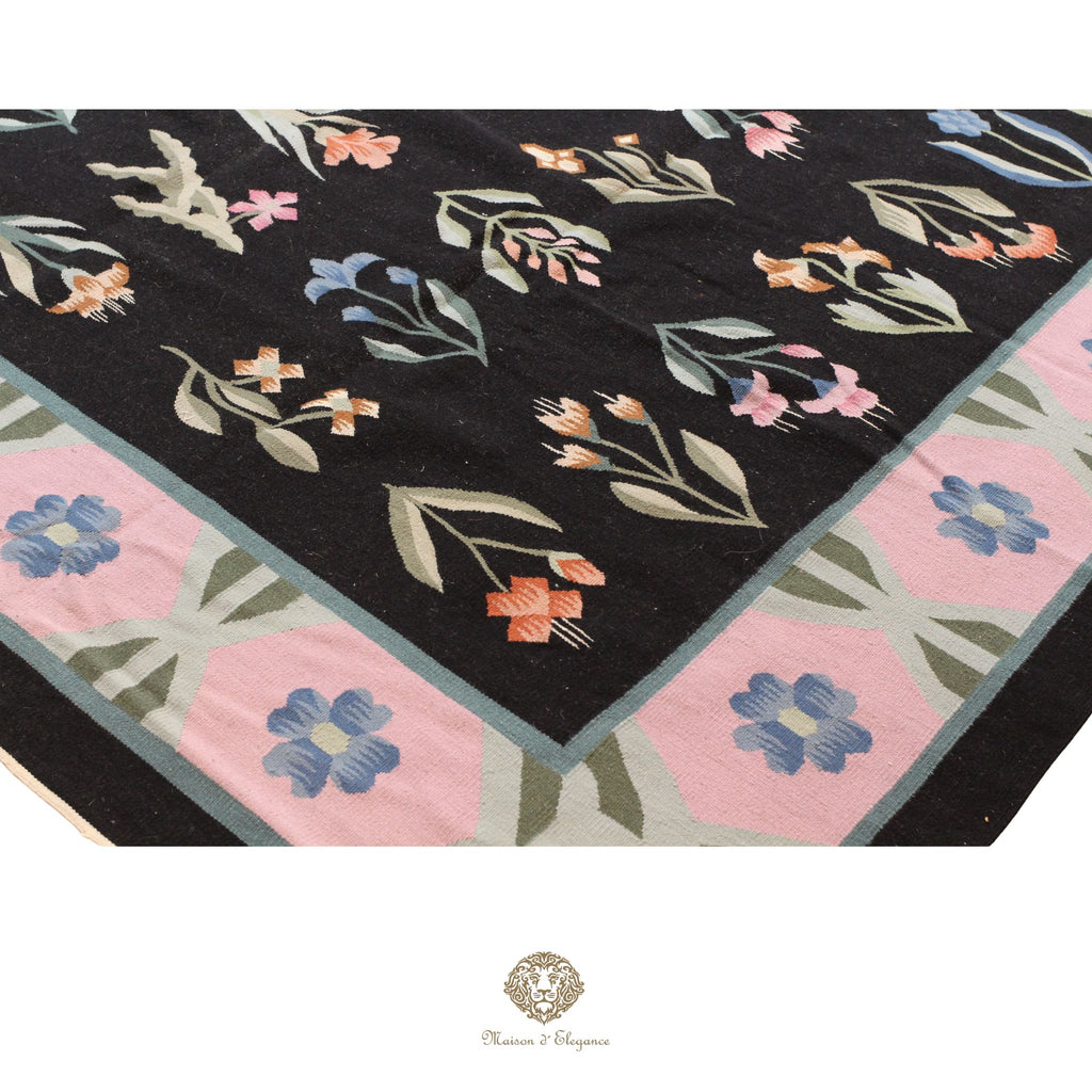 Alfombra Fino Kilim Tejido Plano Lana Negro Natural - Diseño Floral Europea 255x350 cm