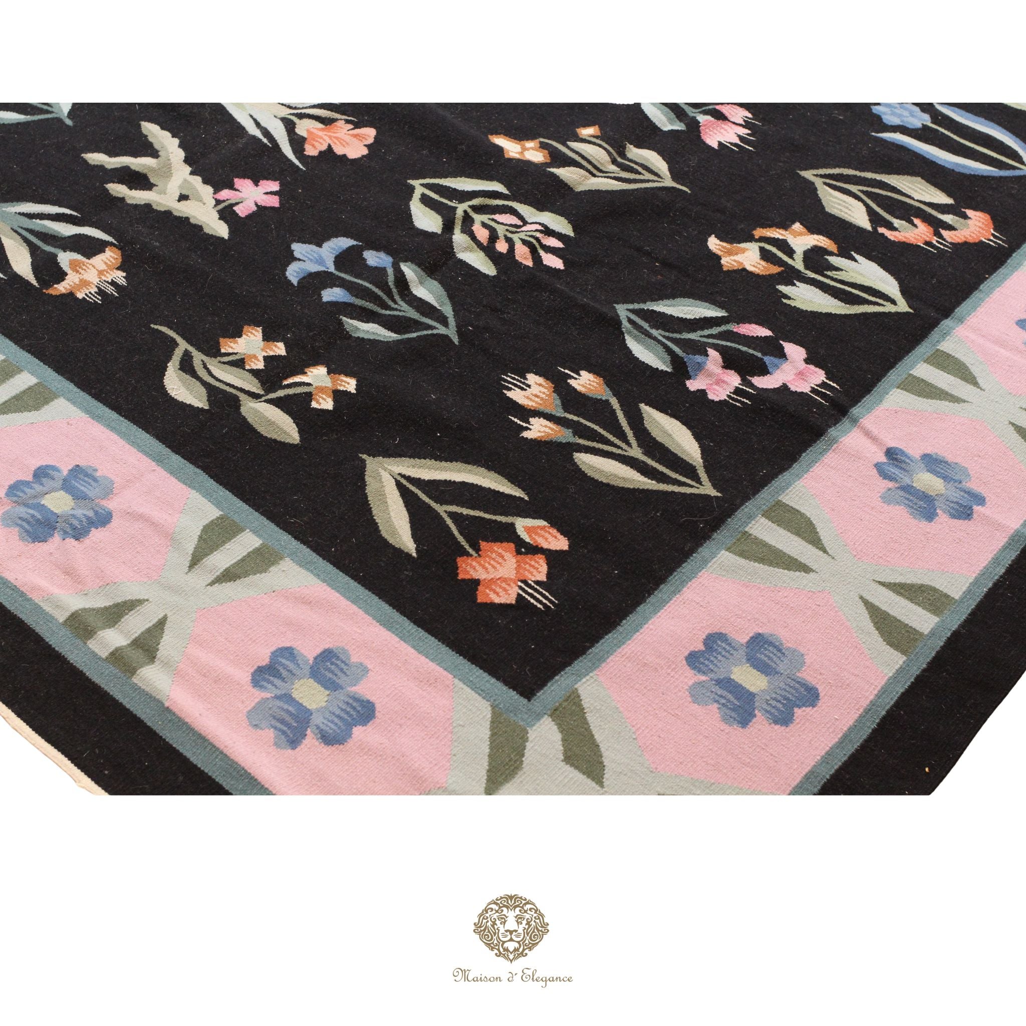 Alfombra Fino Kilim Tejido Plano Lana Negro Natural - Diseño Floral Europea 255x350 cm