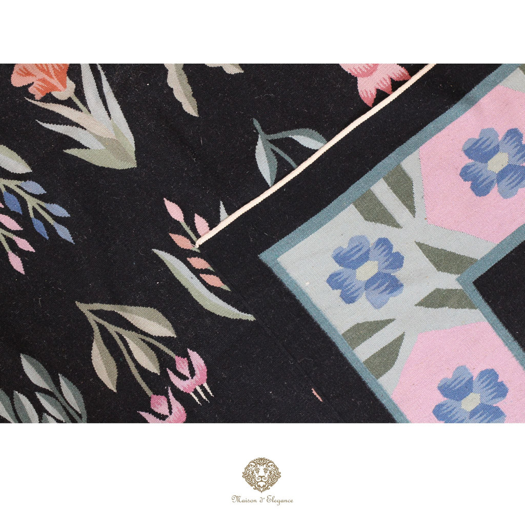 Alfombra Fino Kilim Tejido Plano Lana Negro Natural - Diseño Floral Europea 255x350 cm