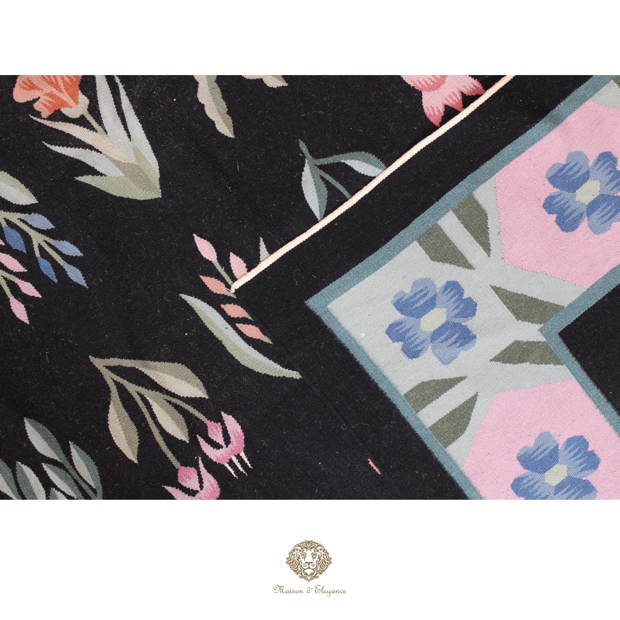 Alfombra Fino Kilim Tejido Plano Lana Negro Natural - Diseño Floral Europea 255x350 cm