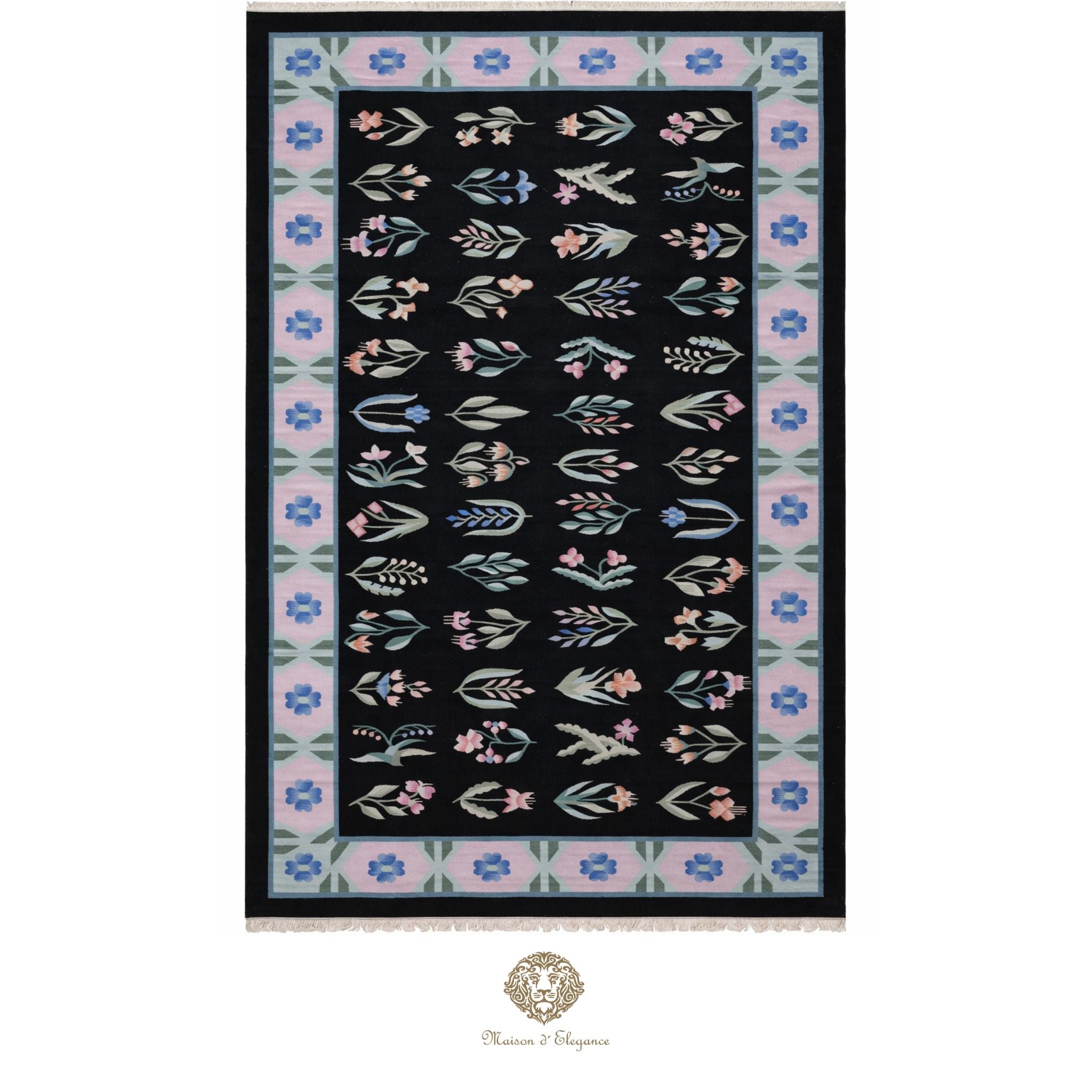 Alfombra Fino Kilim Tejido Plano Lana Negro Natural - Diseño Floral Europea 255x350 cm