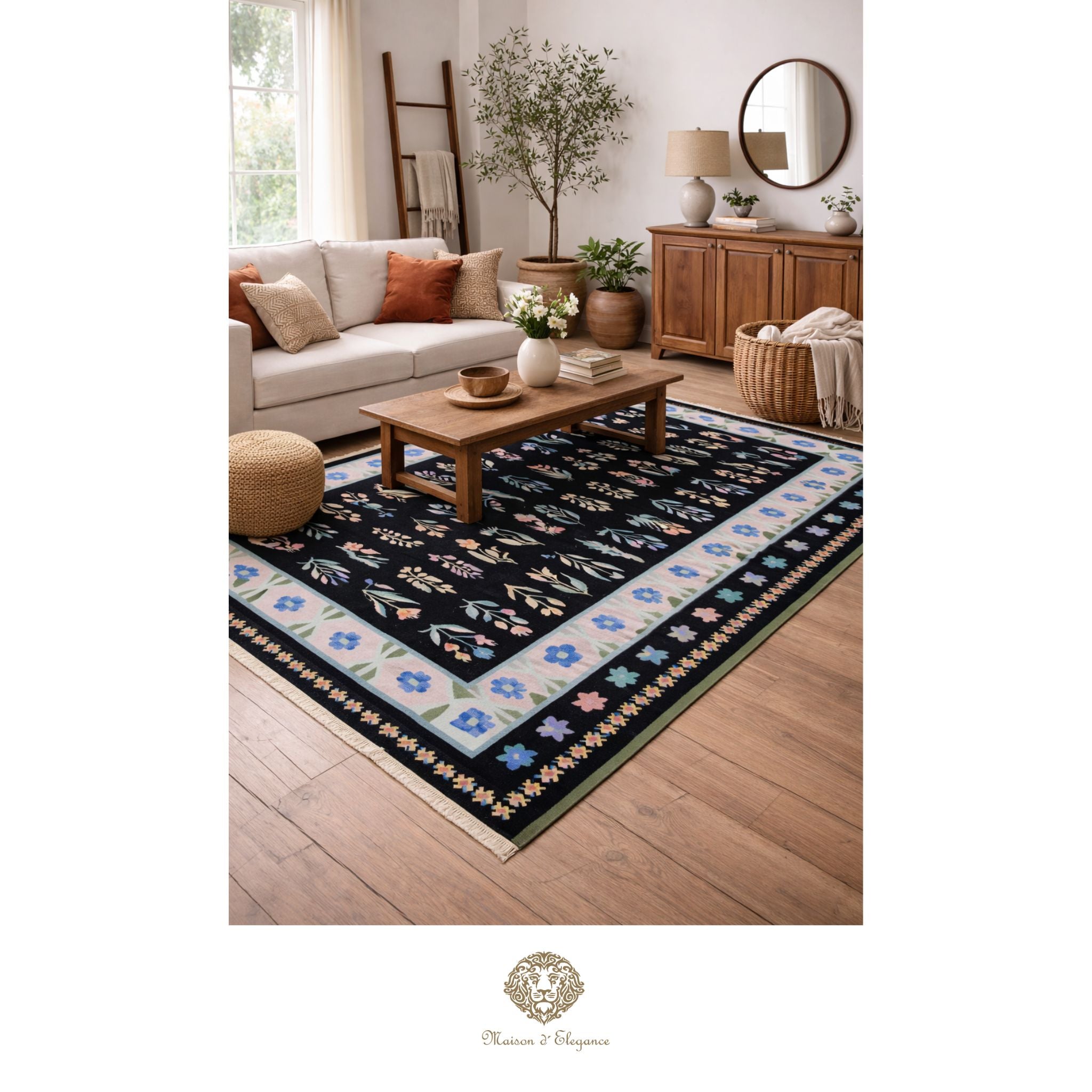 Alfombra Fino Kilim Tejido Plano Lana Negro Natural - Diseño Floral Europea 255x350 cm