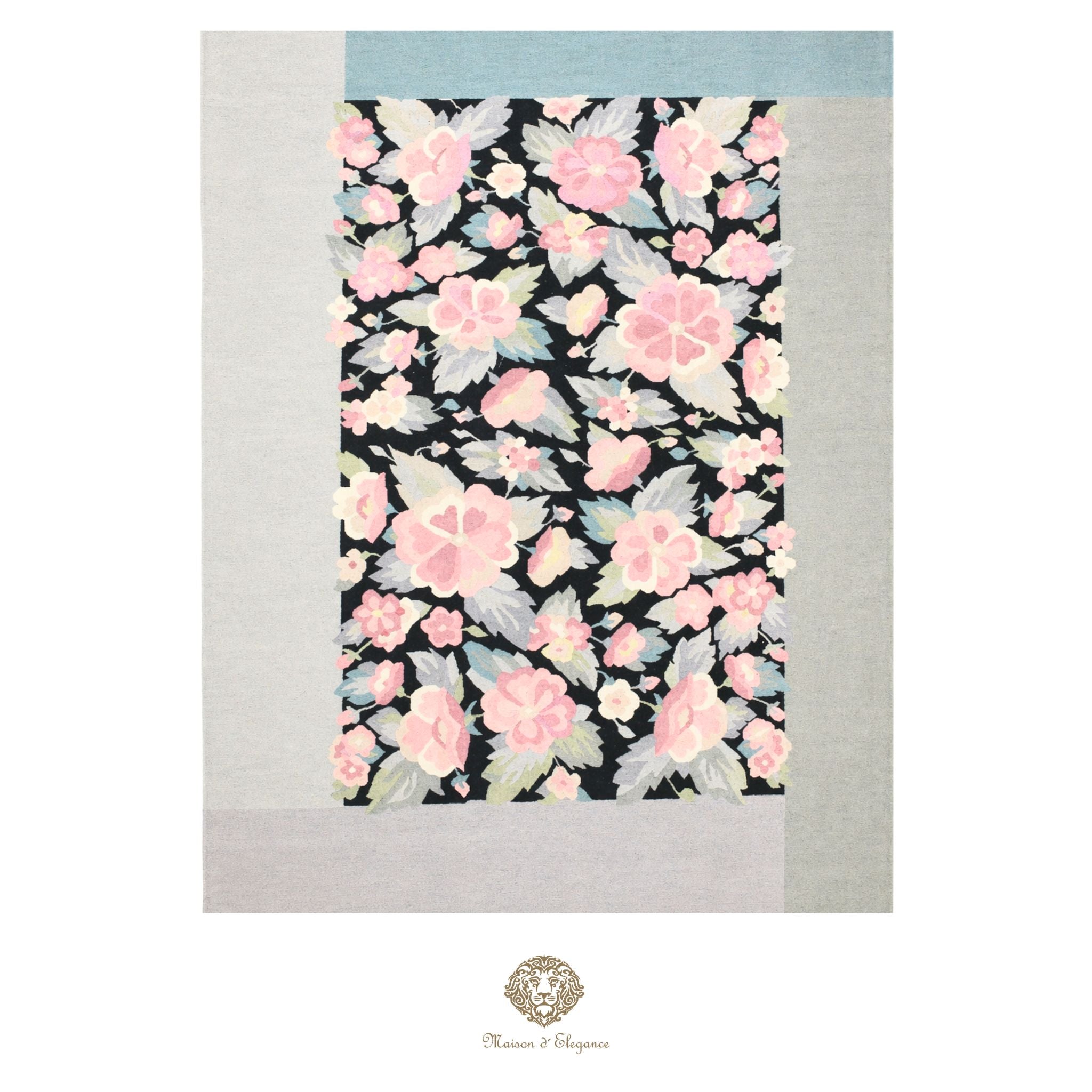 Floral patterned fabric with pink flowers on a black background, displayed on a light black background.