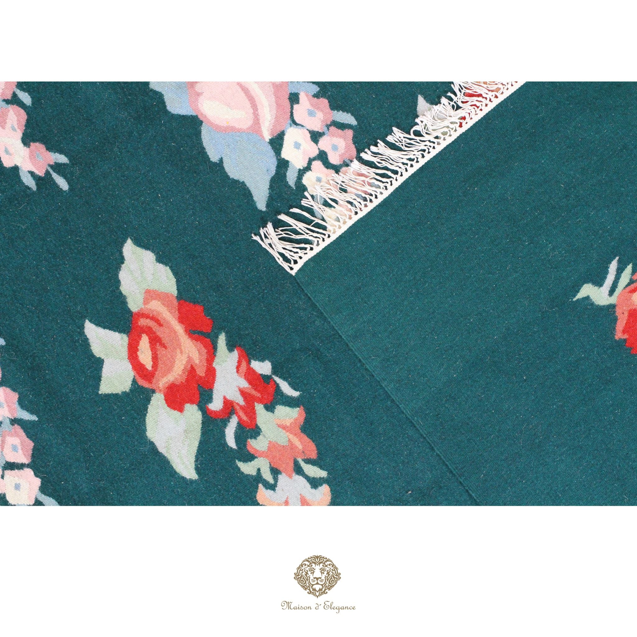Floral patterned fabric with a visible brand logo at the bottom.