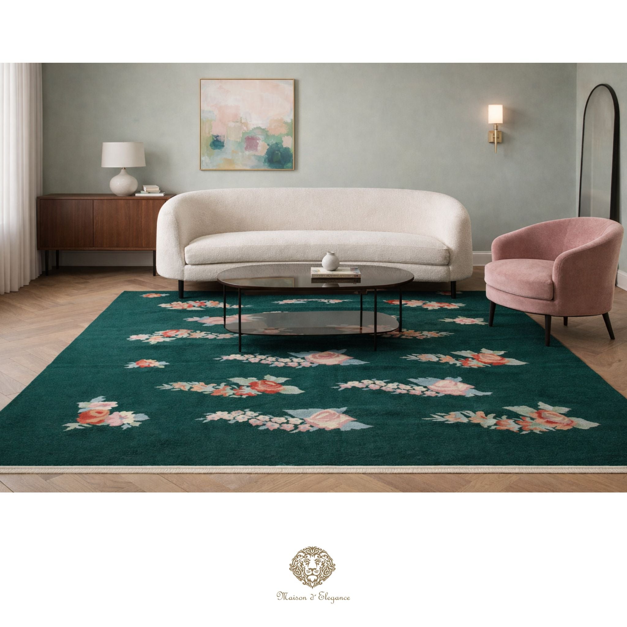 Living room with a floral-patterned rug, beige sofa, and pink armchair.