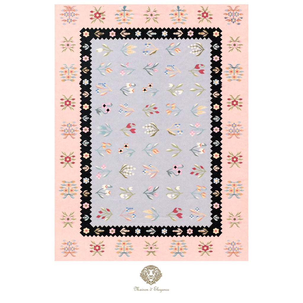 Decorative rug with floral pattern on a pink background
