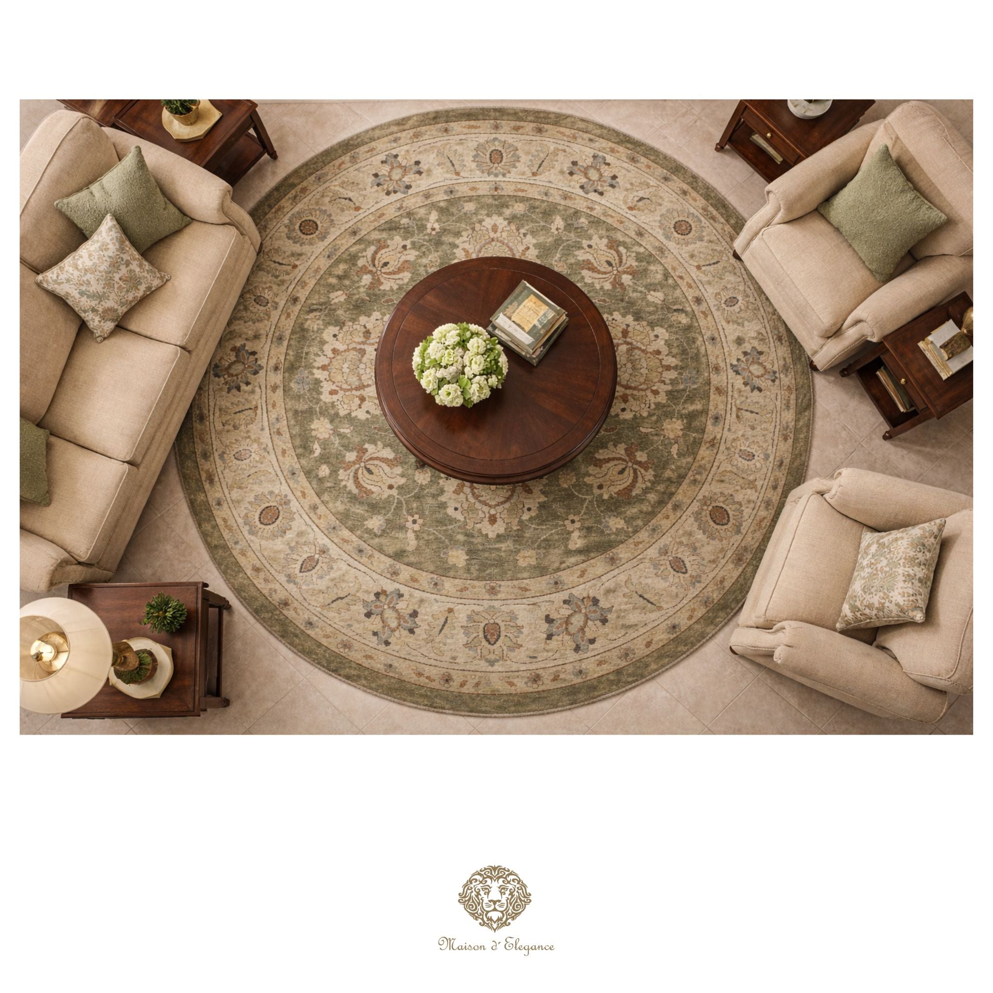 Living room with a large round rug, beige sofas, and a wooden coffee table.