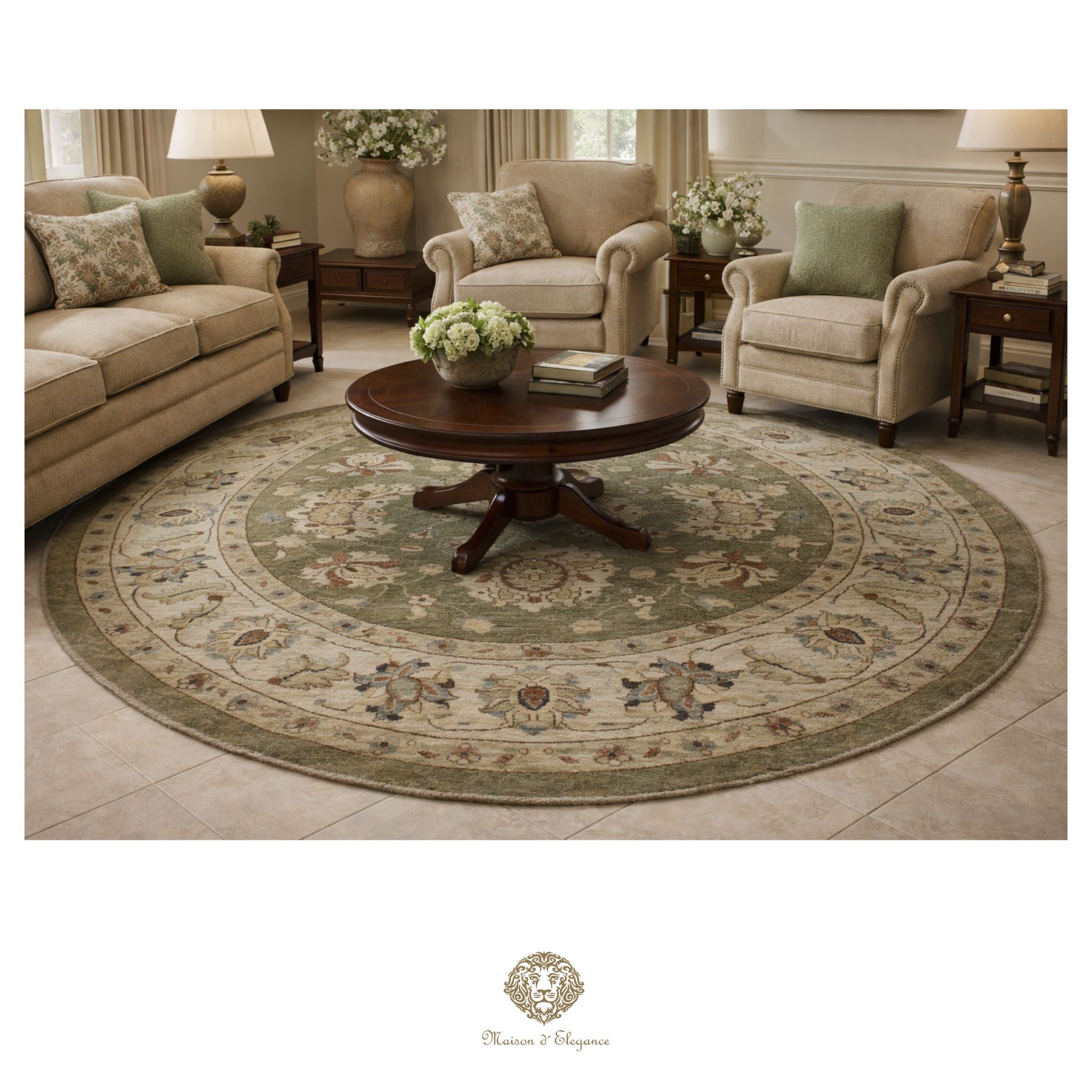 Living room with a round patterned rug, beige sofa, and armchairs.