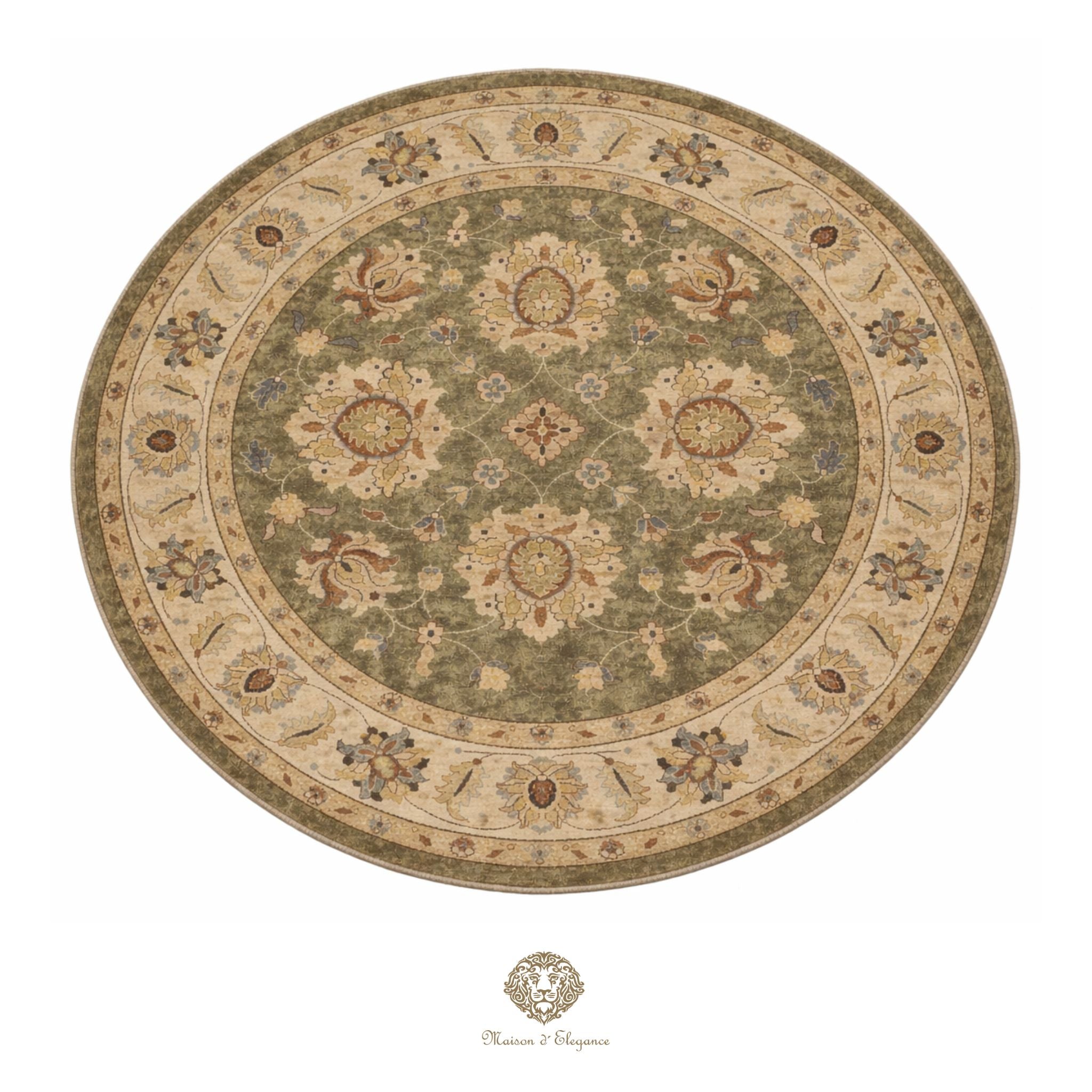 Round patterned rug with floral designs on a white background