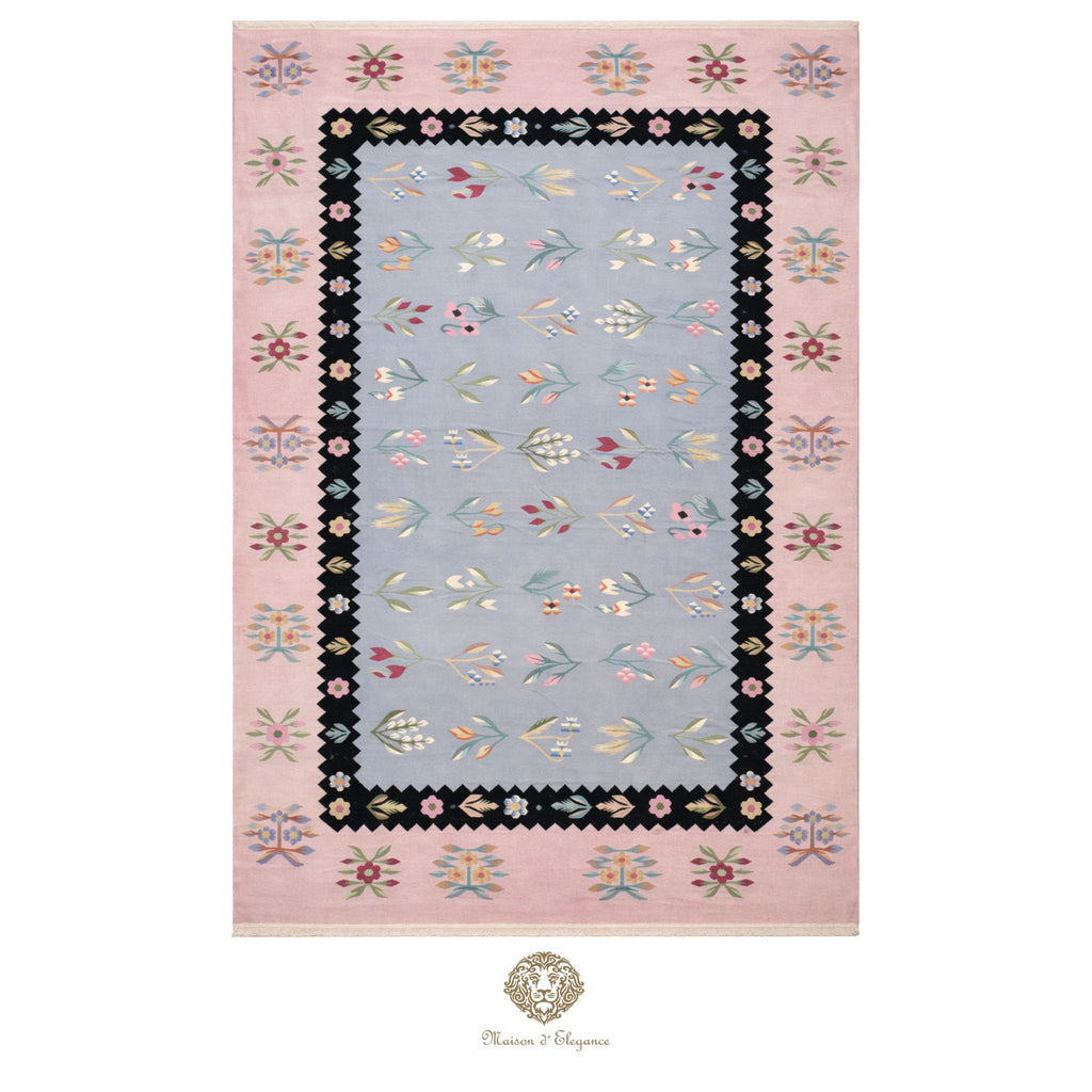 Alfombra Fino Kilim Tejido Plano Lana gris Natural - Diseño Floral Europea 274x366 cm