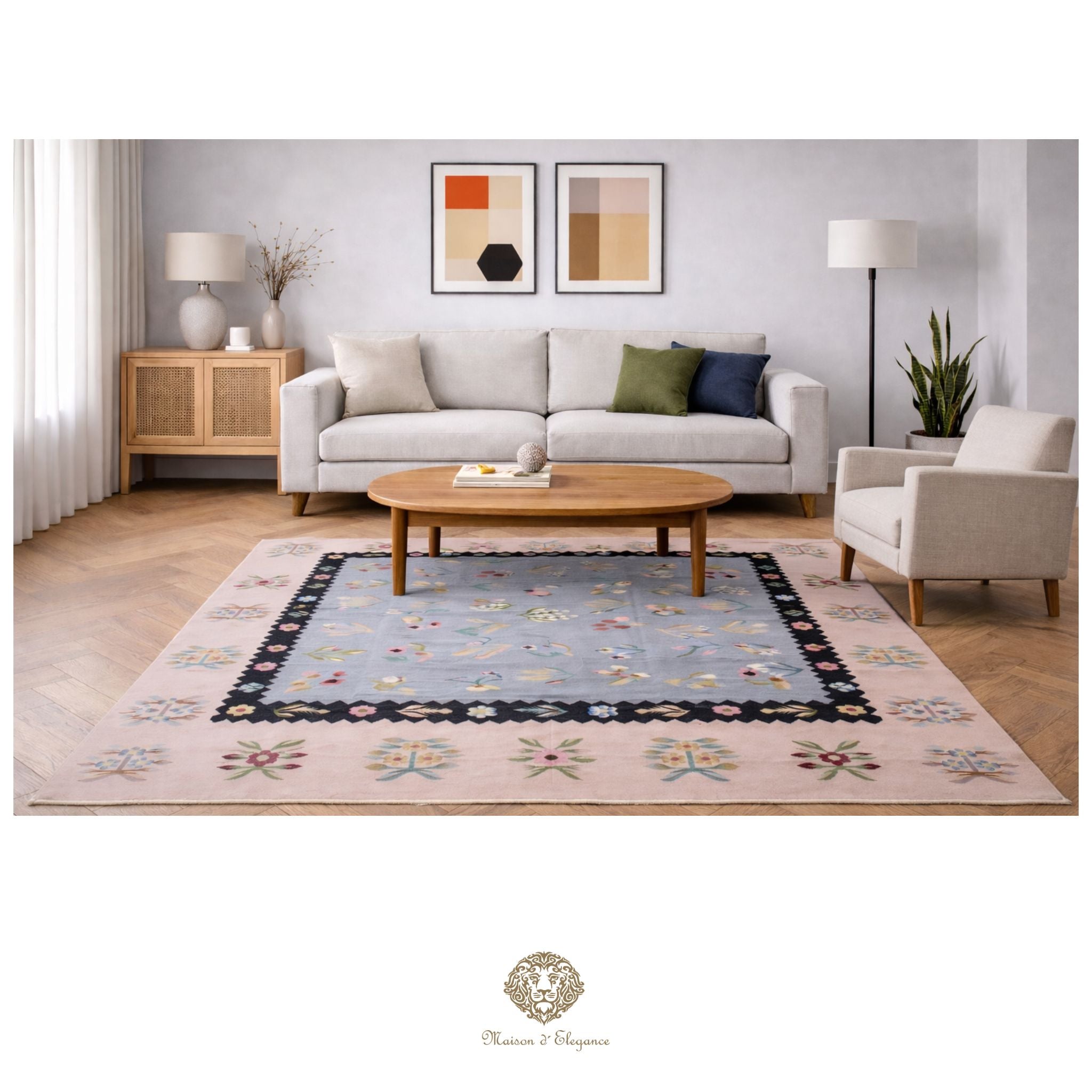 Living room with a floral-patterned rug, sofa, and coffee table.
