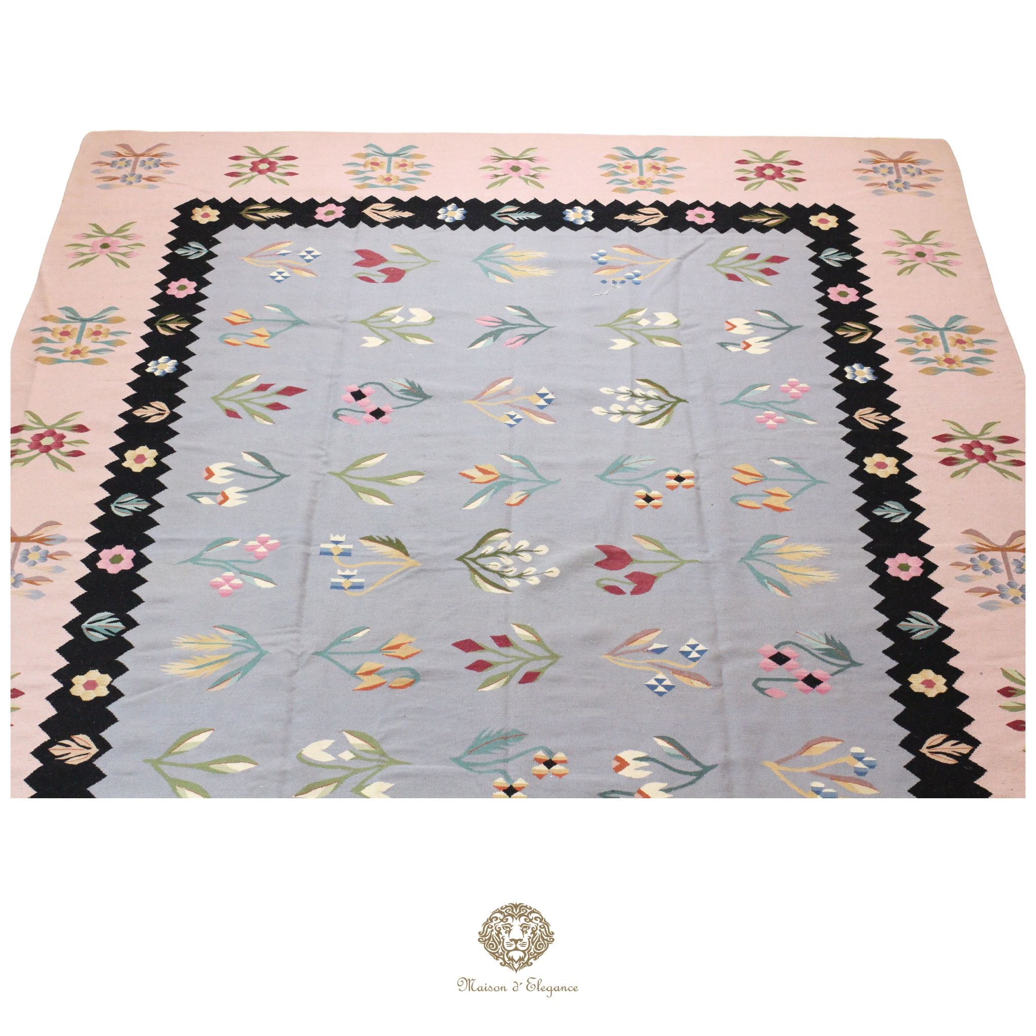 Alfombra Fino Kilim Tejido Plano Lana gris Natural - Diseño Floral Europea 274x366 cm