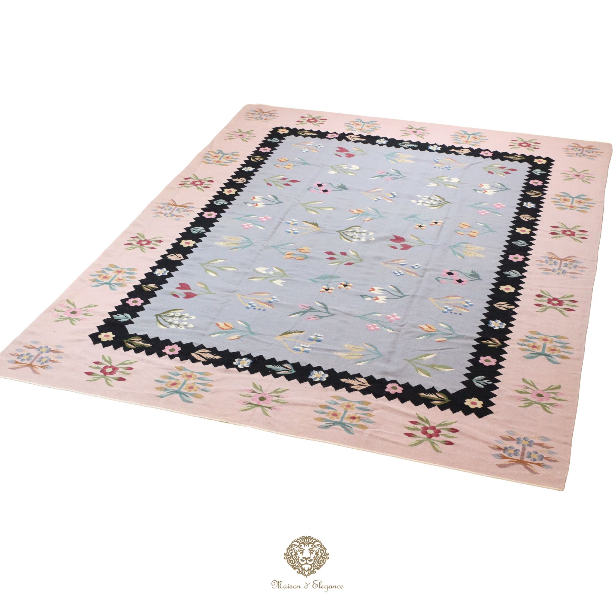 Alfombra Fino Kilim Tejido Plano Lana gris Natural - Diseño Floral Europea 274x366 cm