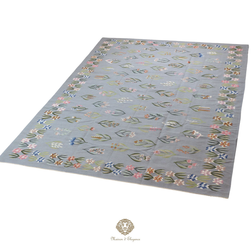 Alfombra Fino Kilim Tejido Plano Lana gris Natural - Diseño Floral Europea 259x356 cm