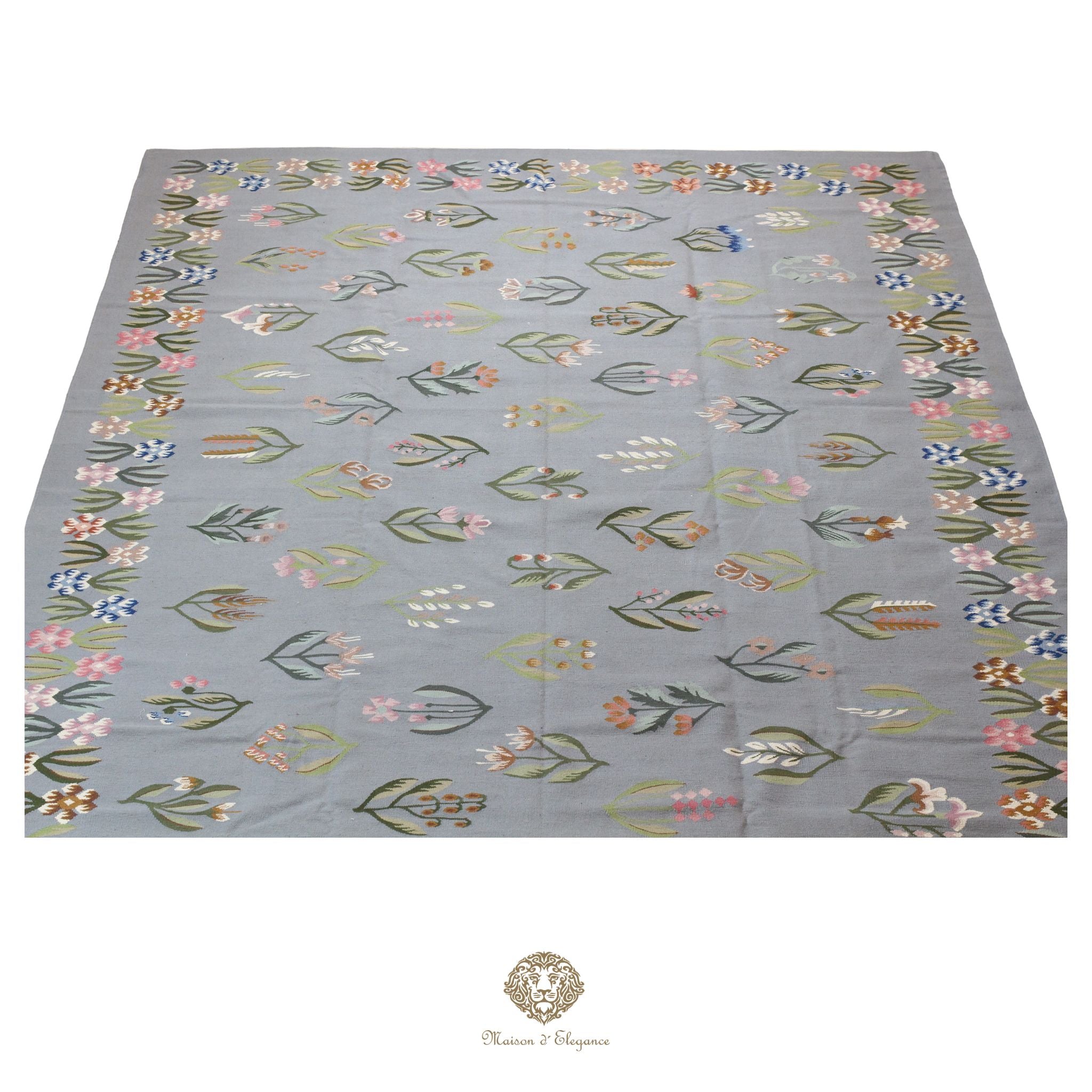 Alfombra Fino Kilim Tejido Plano Lana gris Natural - Diseño Floral Europea 259x356 cm
