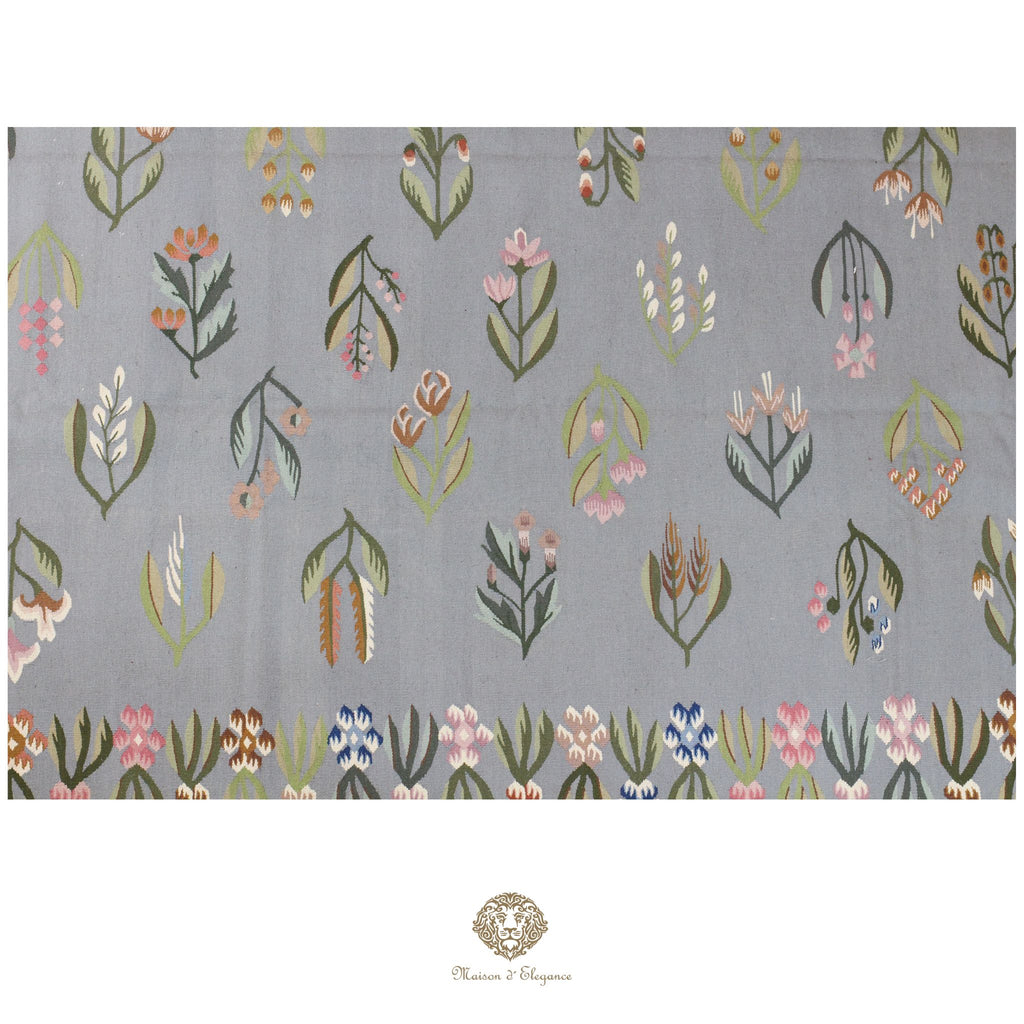 Alfombra Fino Kilim Tejido Plano Lana gris Natural - Diseño Floral Europea 259x356 cm