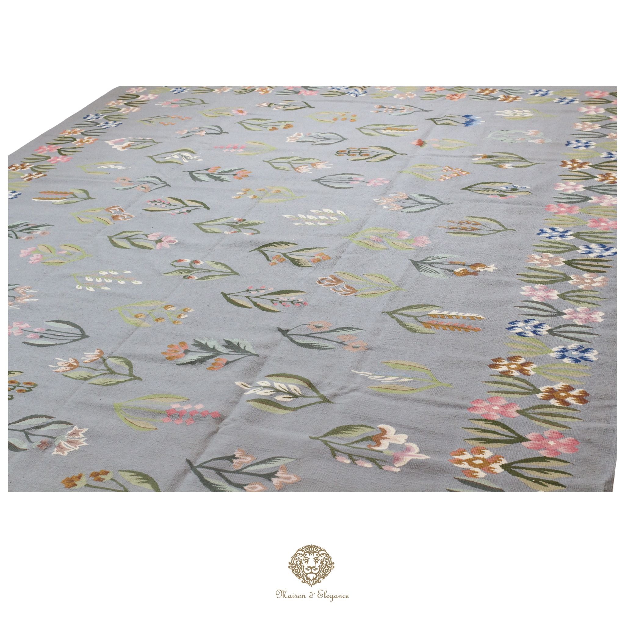 Alfombra Fino Kilim Tejido Plano Lana gris Natural - Diseño Floral Europea 259x356 cm