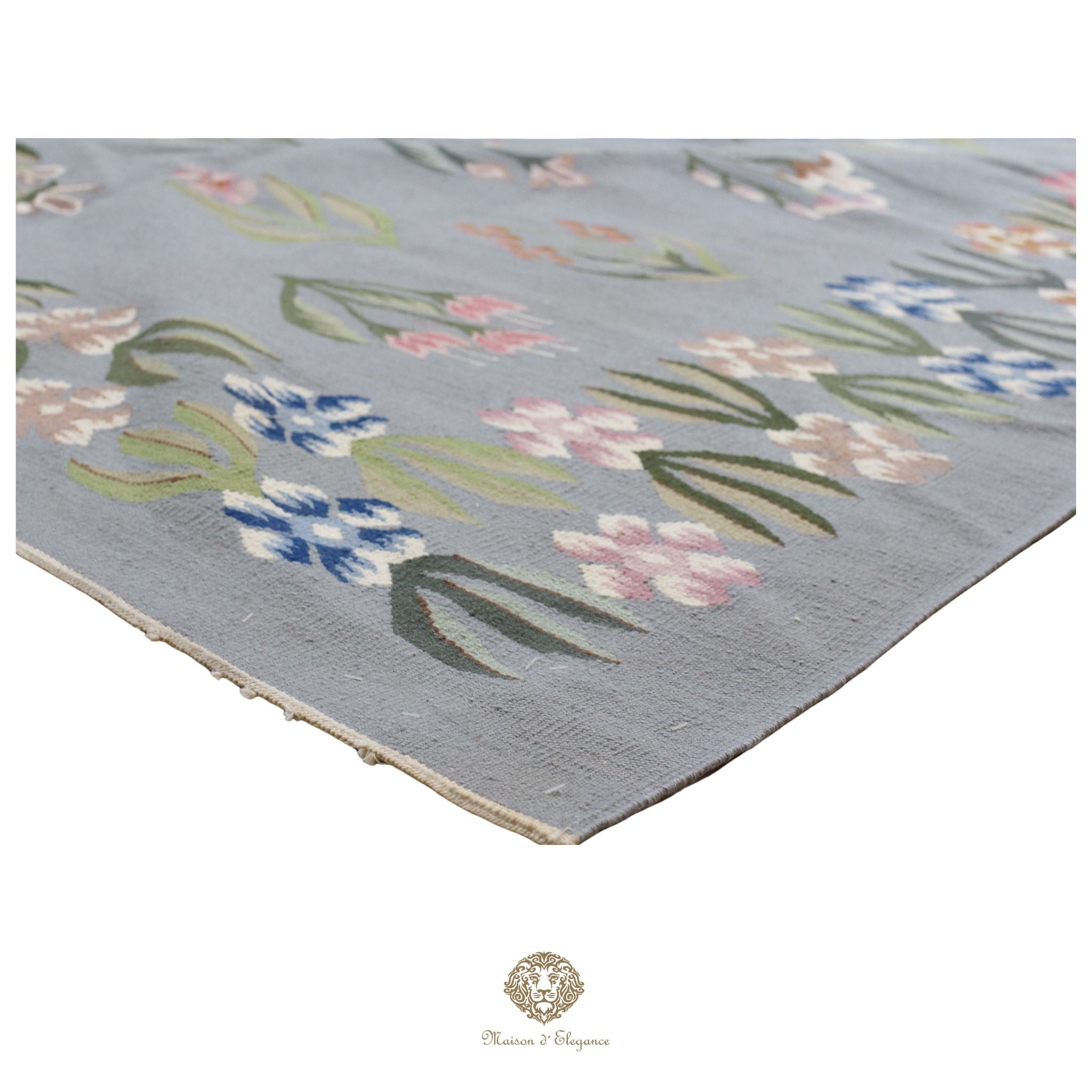 Alfombra Fino Kilim Tejido Plano Lana gris Natural - Diseño Floral Europea 259x356 cm