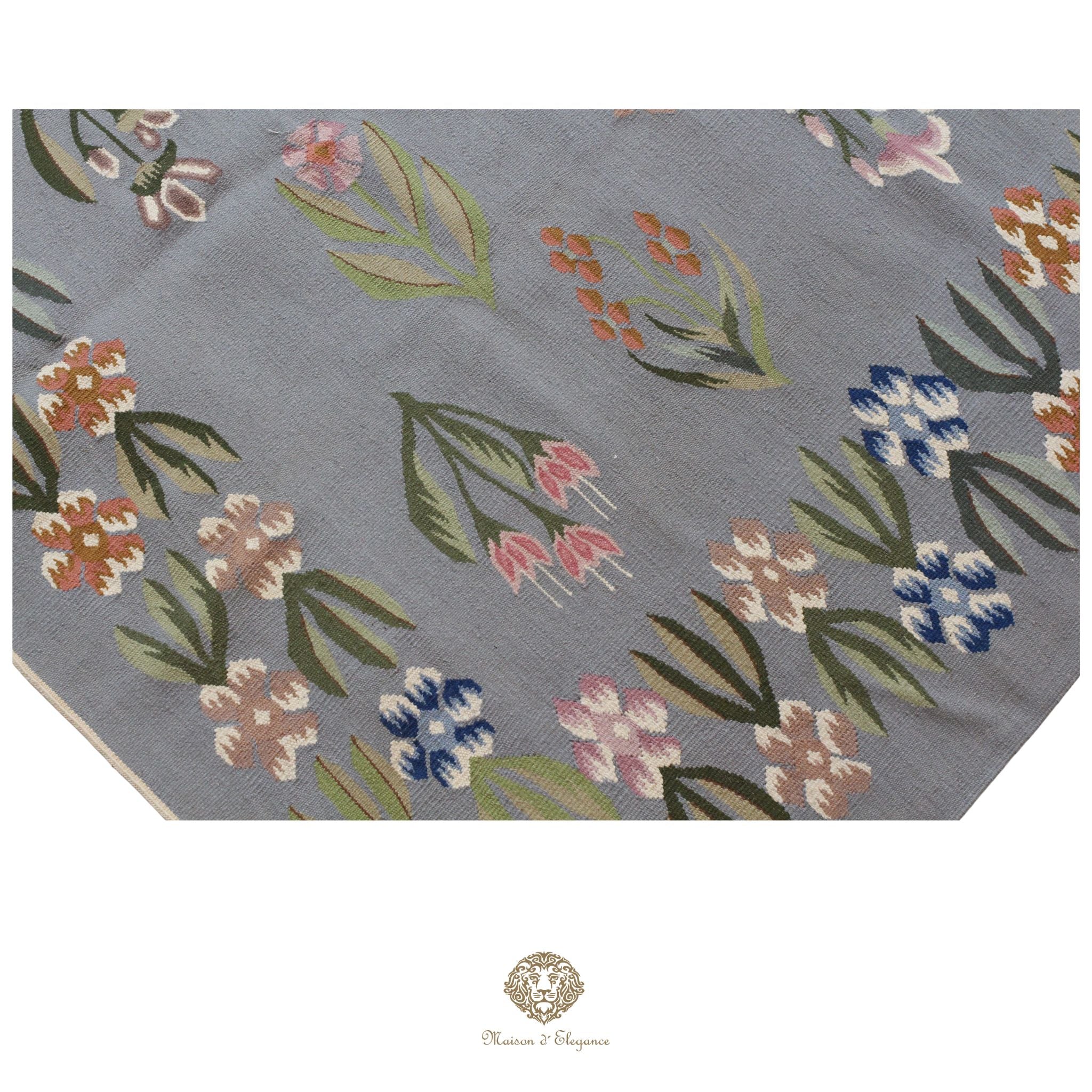Alfombra Fino Kilim Tejido Plano Lana gris Natural - Diseño Floral Europea 259x356 cm