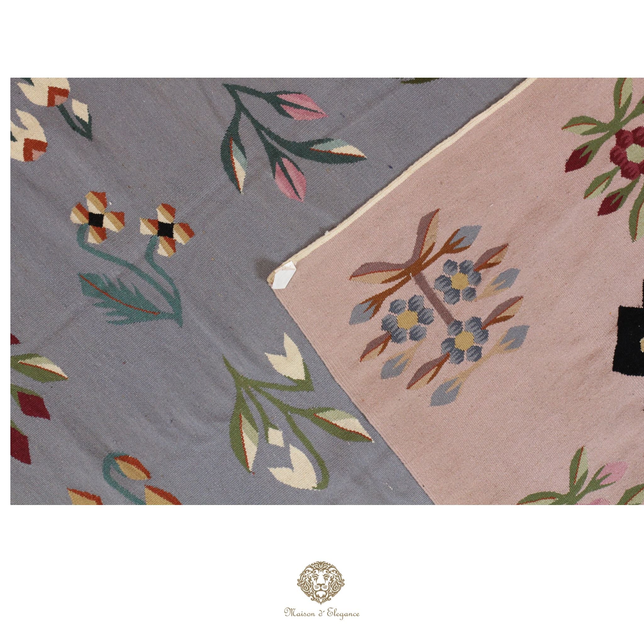 Two floral-patterned rugs on a white background with a brand logo at the bottom.