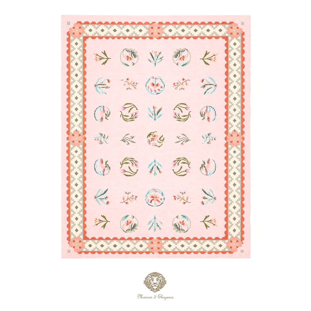 Decorative tablecloth with floral patterns on a pink background