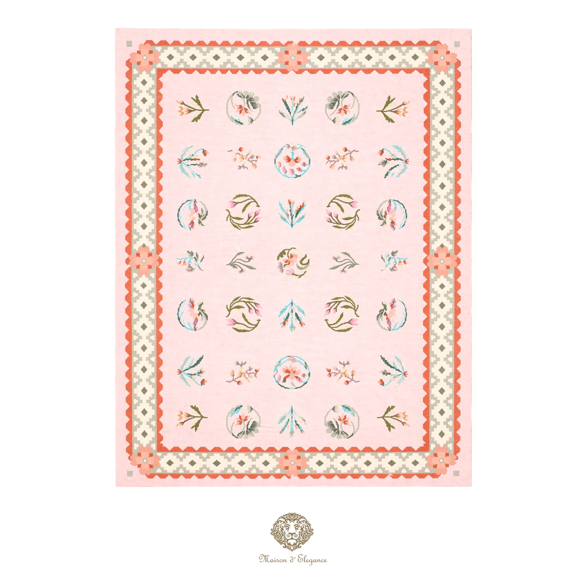 Decorative tablecloth with floral patterns on a pink background