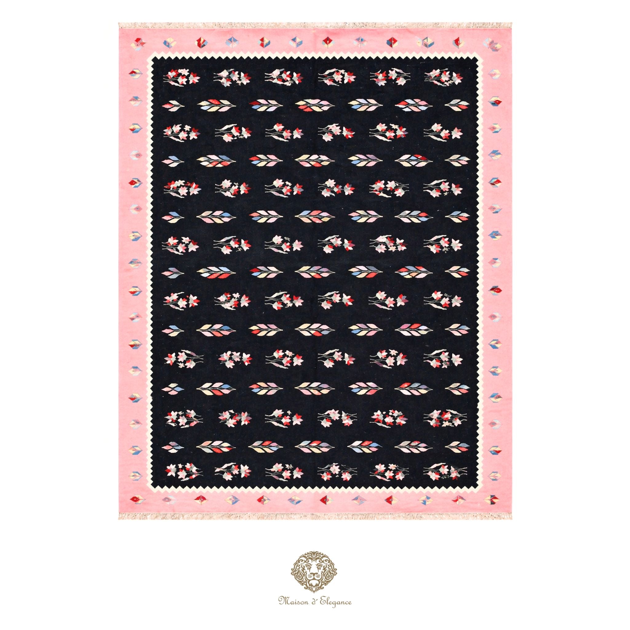 Scarf with floral pattern on a black background, framed by pink border
