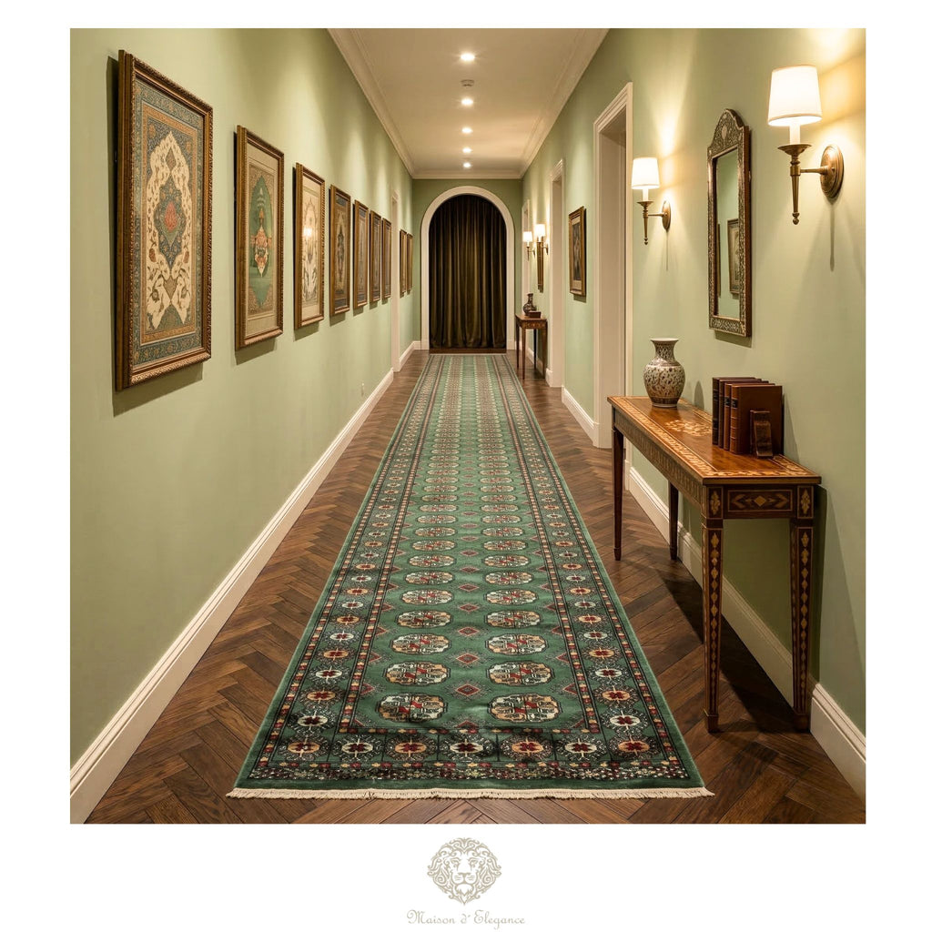 Long hallway with a green patterned rug, wooden floor, and decorative wall art.