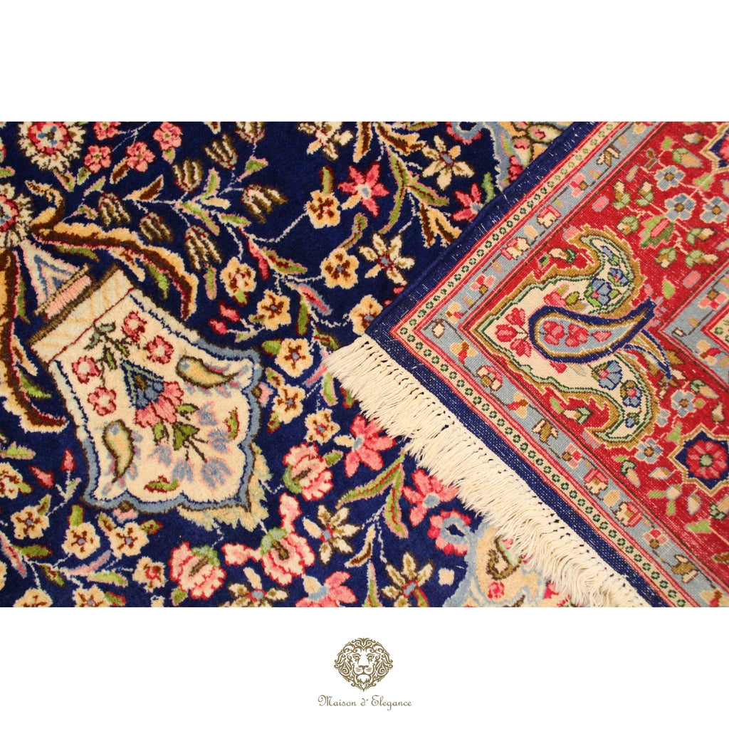 Rare Persian Kerman Prayer Rug | King Blue Mille Fleur Crown Pattern Wool natural dyed